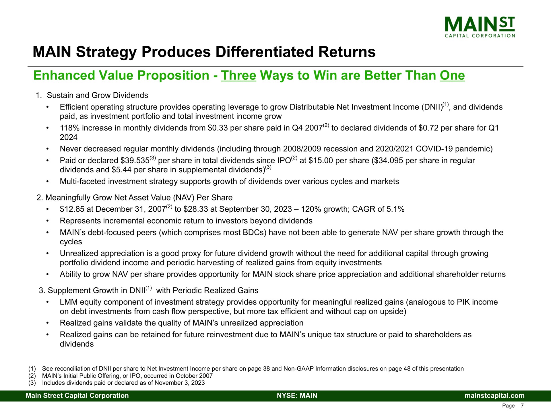 main strategy produces differentiated returns enhanced value proposition three ways to win are better than one mains | Main Street Capital