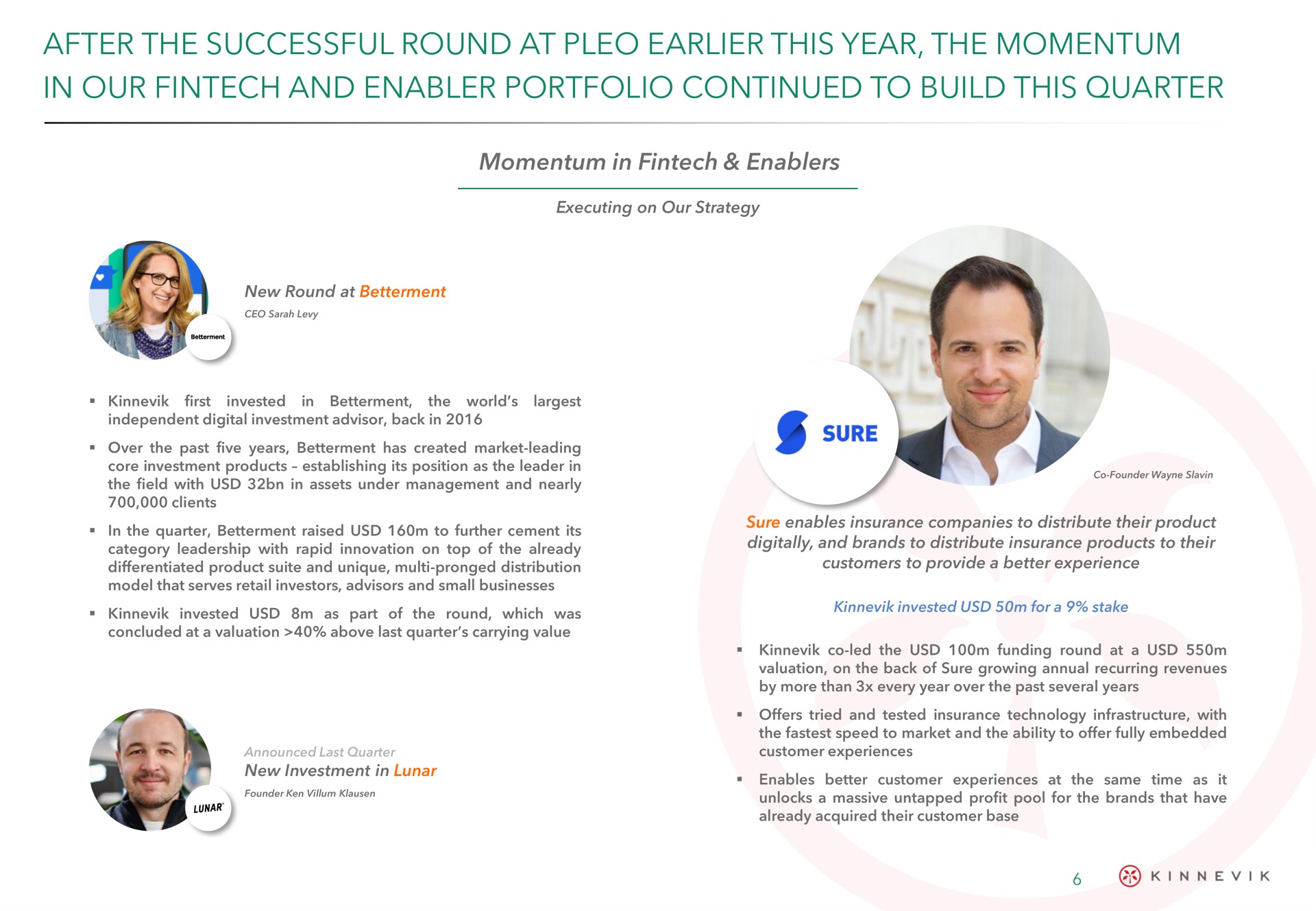 after the successful round at this year the momentum in our and enabler portfolio continued to build this quarter | Kinnevik