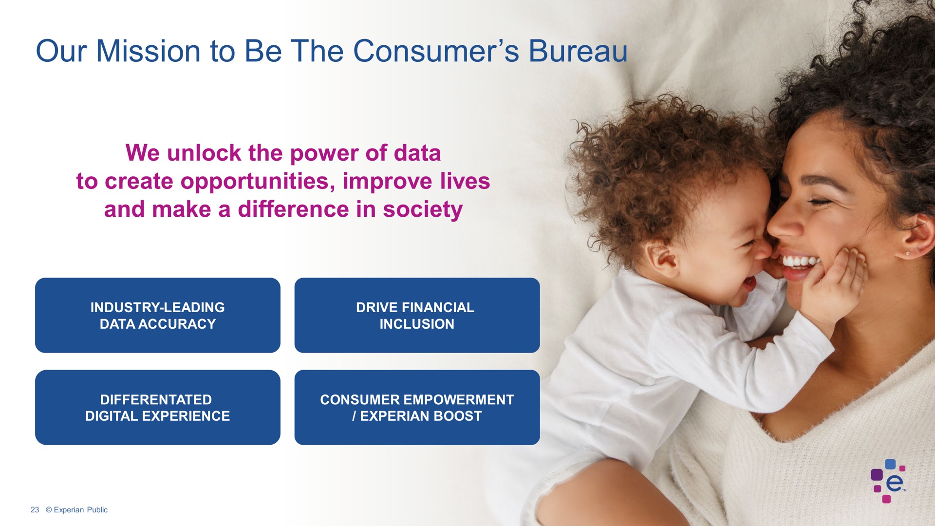 our mission to be the consumer bureau we unlock the power of data to create opportunities improve lives and make a difference in society | Experian