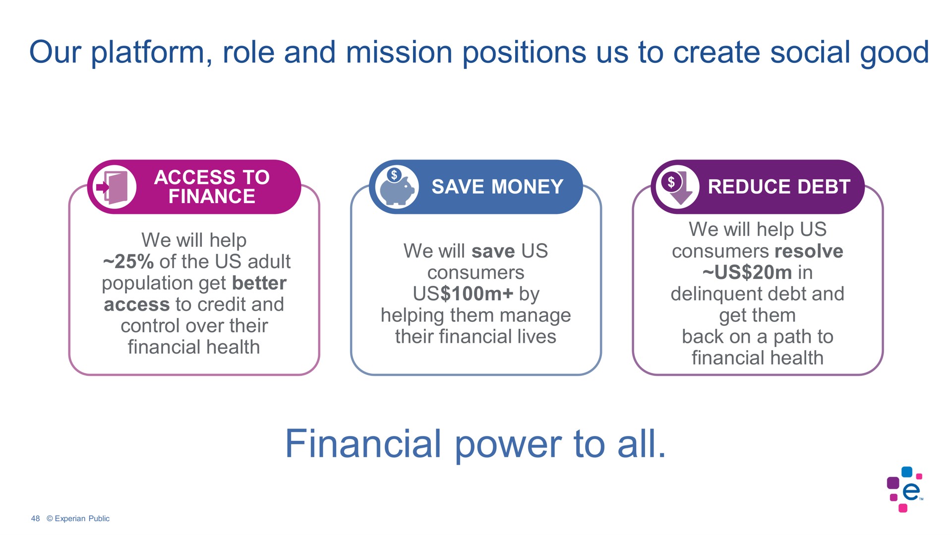 our platform role and mission positions us to create social good financial power to all | Experian