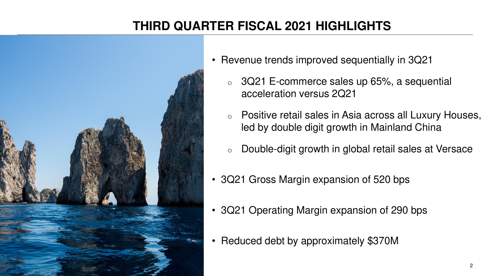 third quarter fiscal highlights revenue trends improved sequentially in commerce sales up a sequential acceleration versus positive retail sales in across all luxury houses led by double digit growth in china double digit growth in global retail sales at gross margin expansion of operating margin expansion of reduced debt by approximately | Capri Holdings