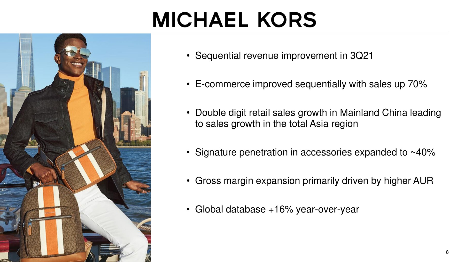 sequential revenue improvement in commerce improved sequentially with sales up double digit retail sales growth in china leading to sales growth in the total region signature penetration in accessories expanded to gross margin expansion primarily driven by higher global year over year kors | Capri Holdings