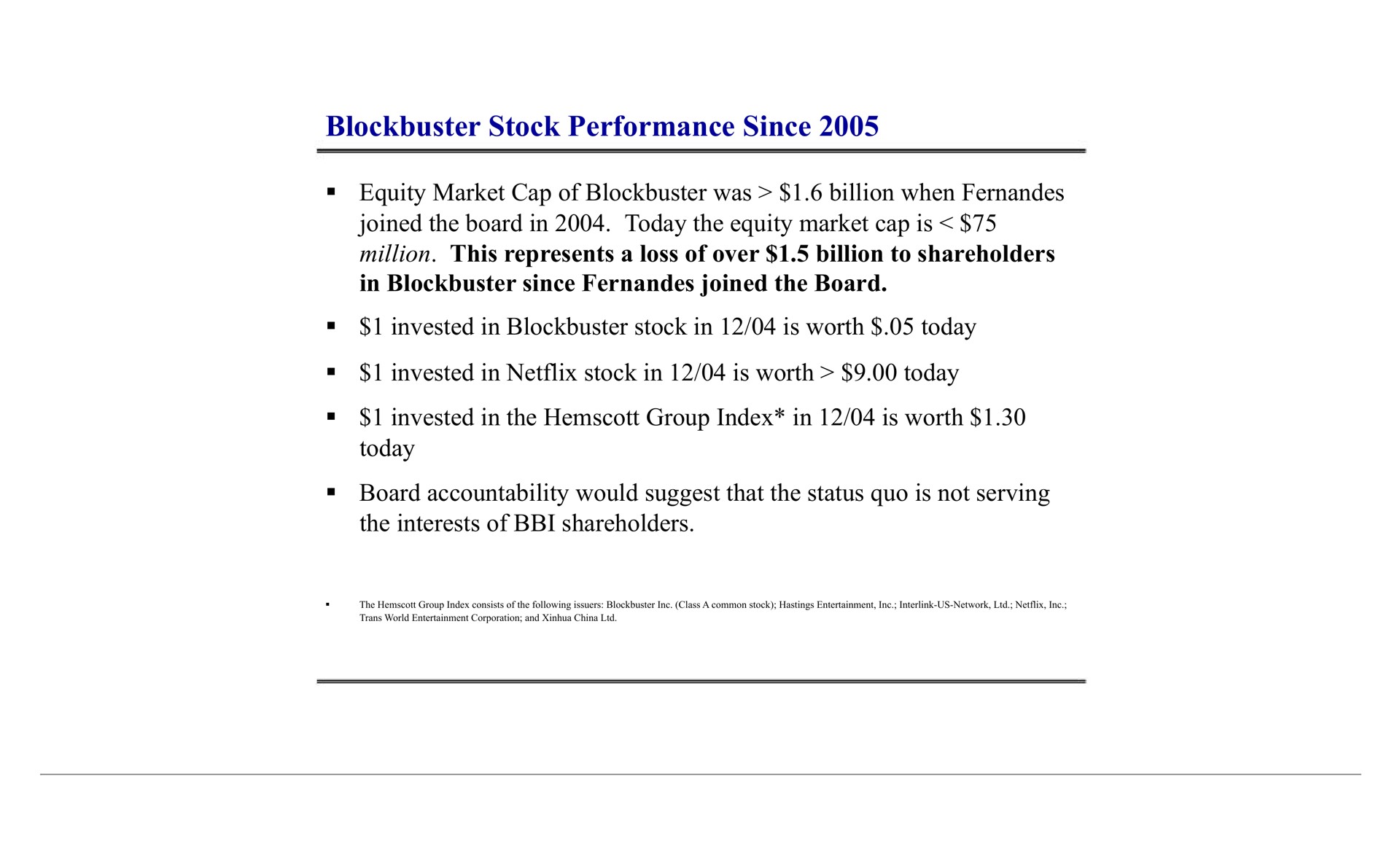 blockbuster stock performance since equity market cap of was billion when invested in the group index in is worth the interests of shareholders | Blockbuster Video