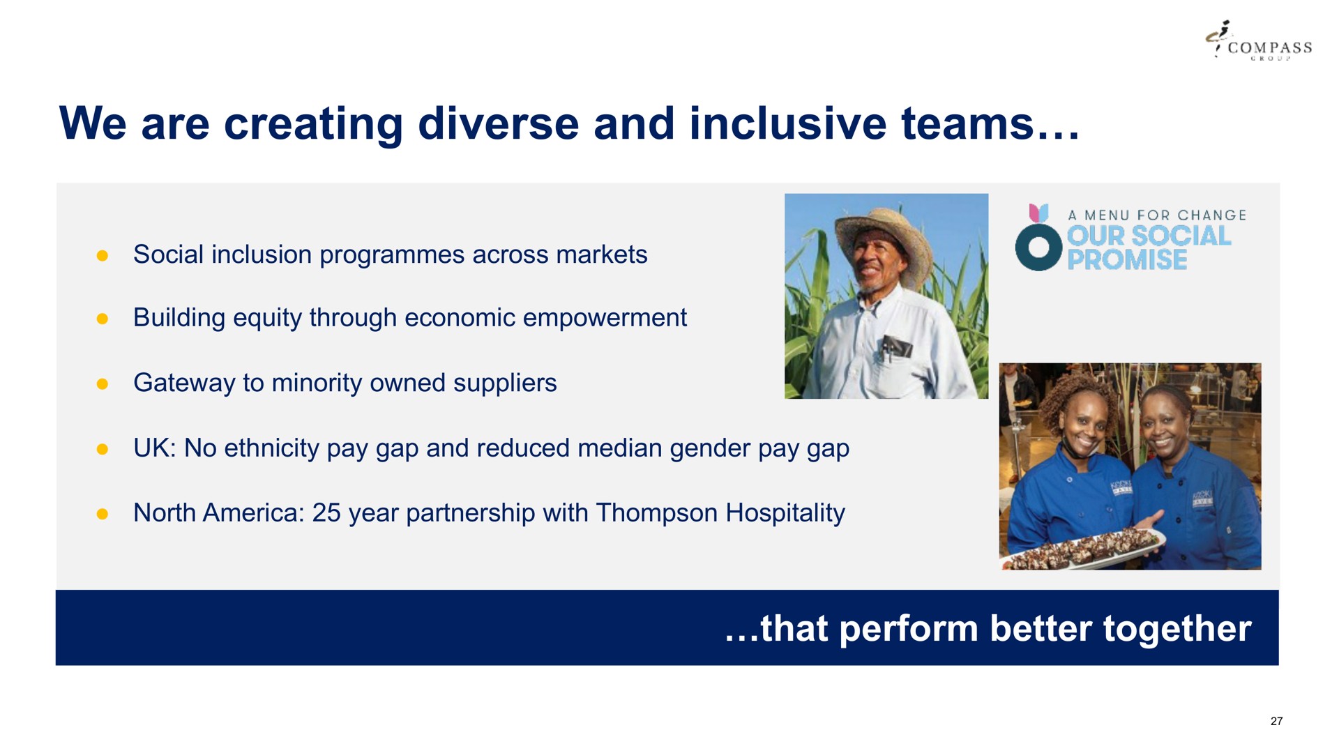 we are creating diverse and inclusive teams compass social inclusion programmes across markets building equity through economic empowerment gateway to minority owned suppliers no pay gap reduced median gender pay gap north year partnership with hospitality a i a | Compass Group