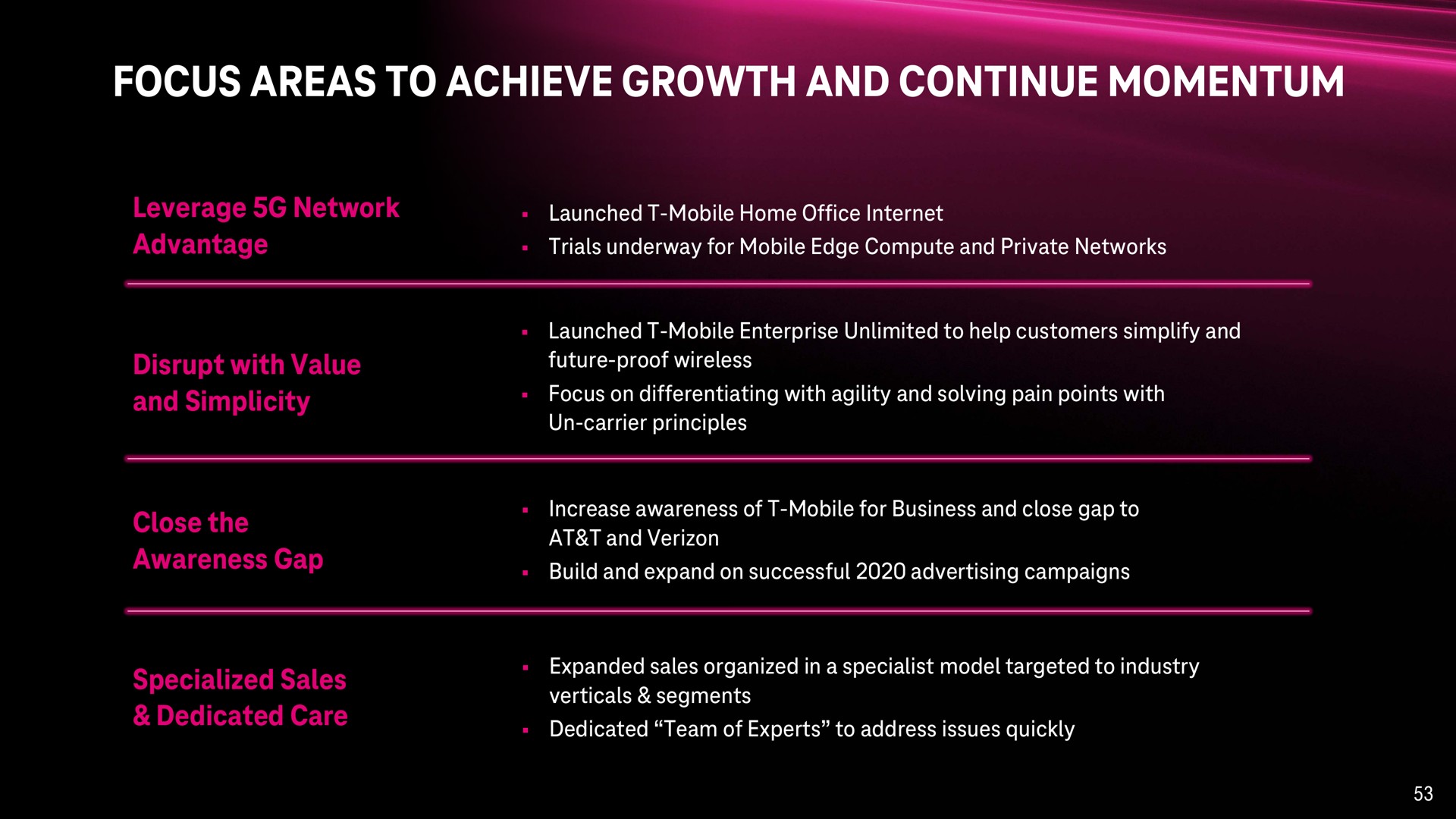 focus areas to achieve growth and continue momentum | T-Mobile