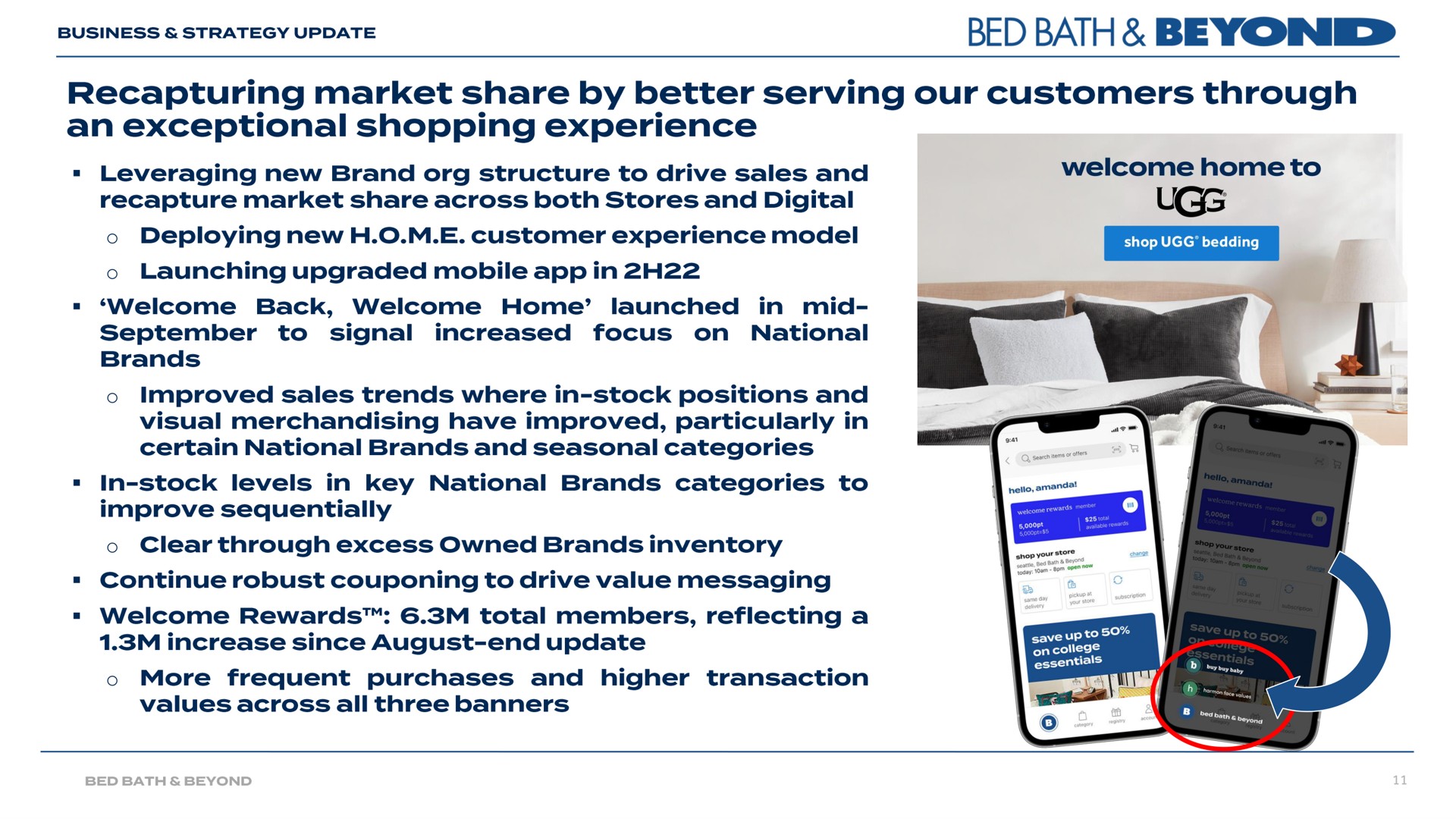 bed bath recapturing market share by better serving our customers through an exceptional shopping experience deploying new customer experience model improved sales trends where in stock positions and i | Bed Bath & Beyond