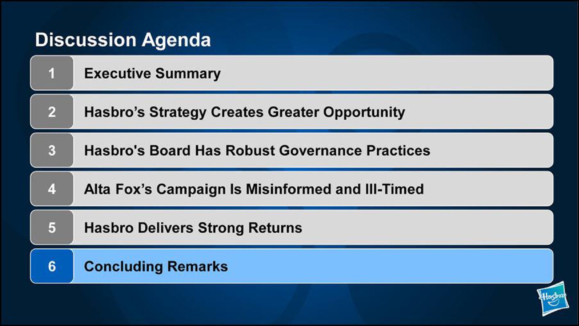 discussion agenda executive summary strategy creates greater opportunity board has robust governance practices delivers strong returns fox campaign is misinformed and timed concluding remarks | Hasbro