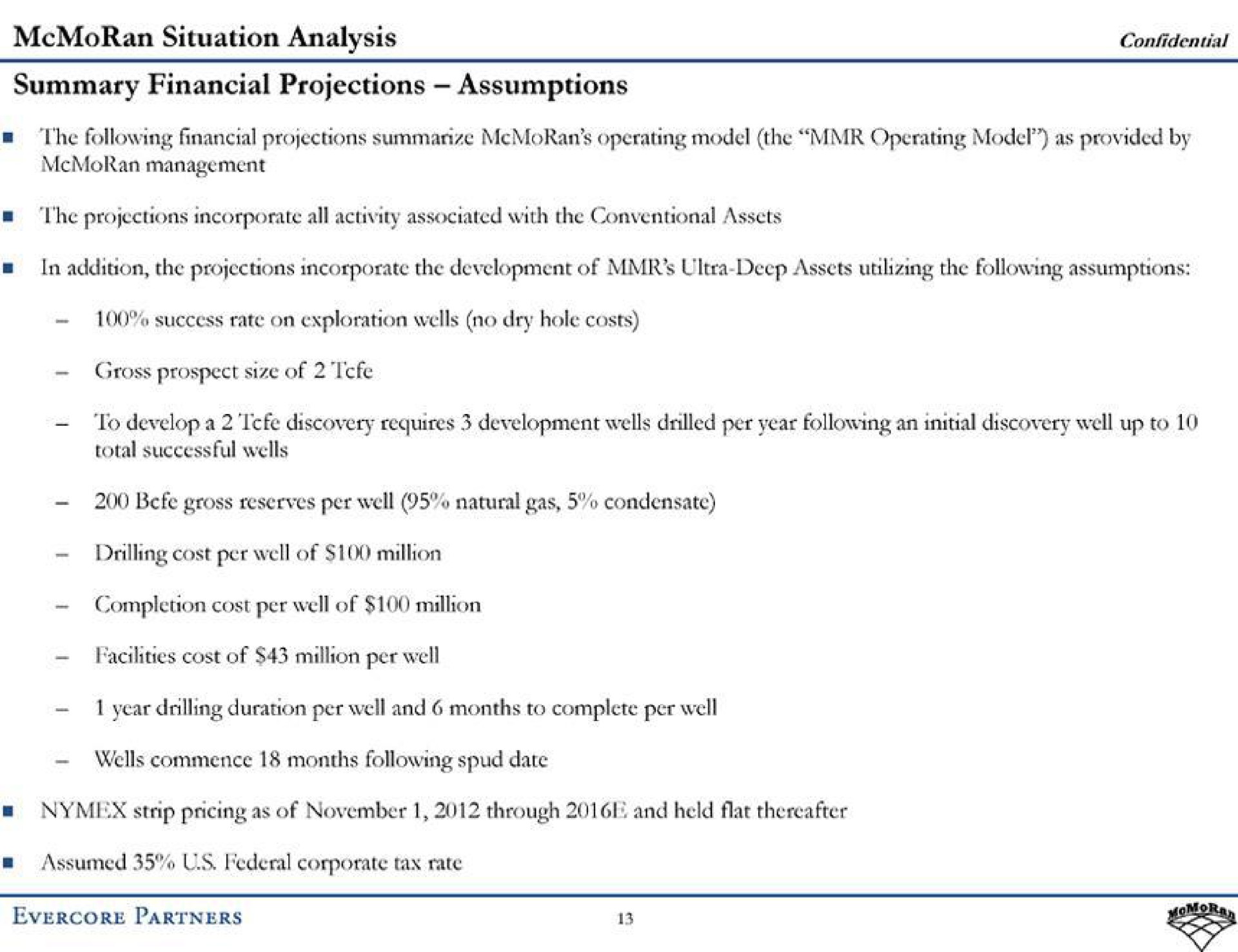situation analysis summary financial projections assumptions confidential the following financial projections operating model the operating model as provided by the projections incorporate all activity associated with the conventional assets in addition the projections incorporate the development of ultra deep assets utilizing the following assumptions gross prospect size of to discovery requires development wells drilled per year following an initial discovery well up to total successful wells gross reserves per well natural gas condensate facilities cost of million per well year drilling duration per well and months to complete per well wells commence months following spud date strip pricing as of through and held flat thereafter assumed us corporate tax rate partners | Evercore