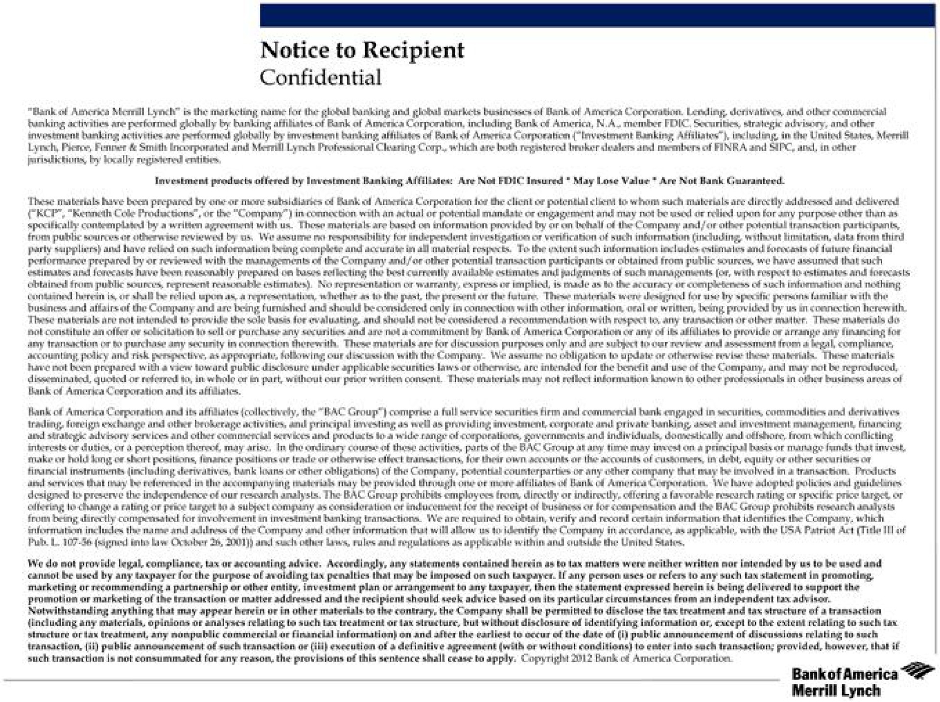 notice to recipient confidential bank of | Bank of America