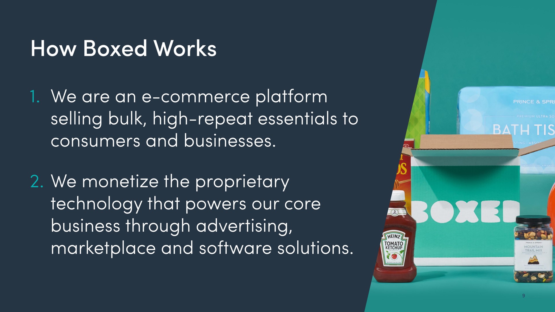 how boxed works we are an commerce platform selling bulk high repeat essentials to consumers and businesses we monetize the proprietary technology that powers our core business through advertising and solutions | Boxed