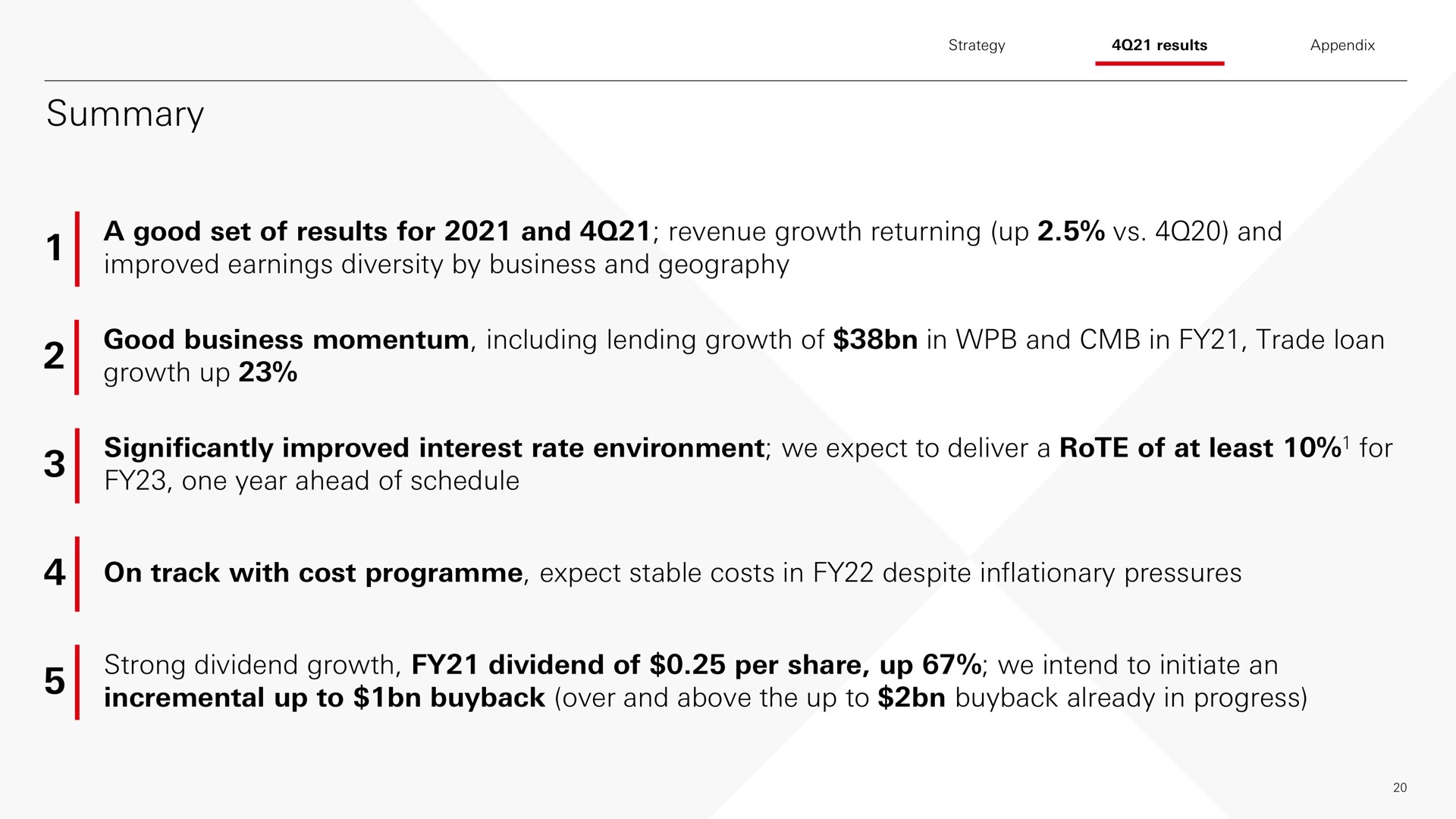 summary a good set of results for and revenue growth returning up and improved earnings diversity by business and geography good business momentum including lending growth of in and in trade loan growth up significantly improved interest rate environment we expect to deliver a rote of at least for one year ahead of schedule on track with cost expect stable costs in despite inflationary pressures strong dividend growth dividend of per share up we intend to initiate an incremental up to over and above the up to already in progress | HSBC