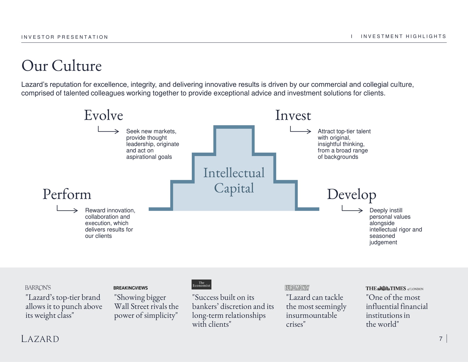 our culture evolve invest intellectual capital perform develop top tier brand allows it to punch above its weight class showing bigger wall street rivals the power of simplicity success built on its bankers discretion and its long term relationships with clients can tackle the most seemingly insurmountable crises one of the most influential financial institutions in the world deeply instill | Lazard