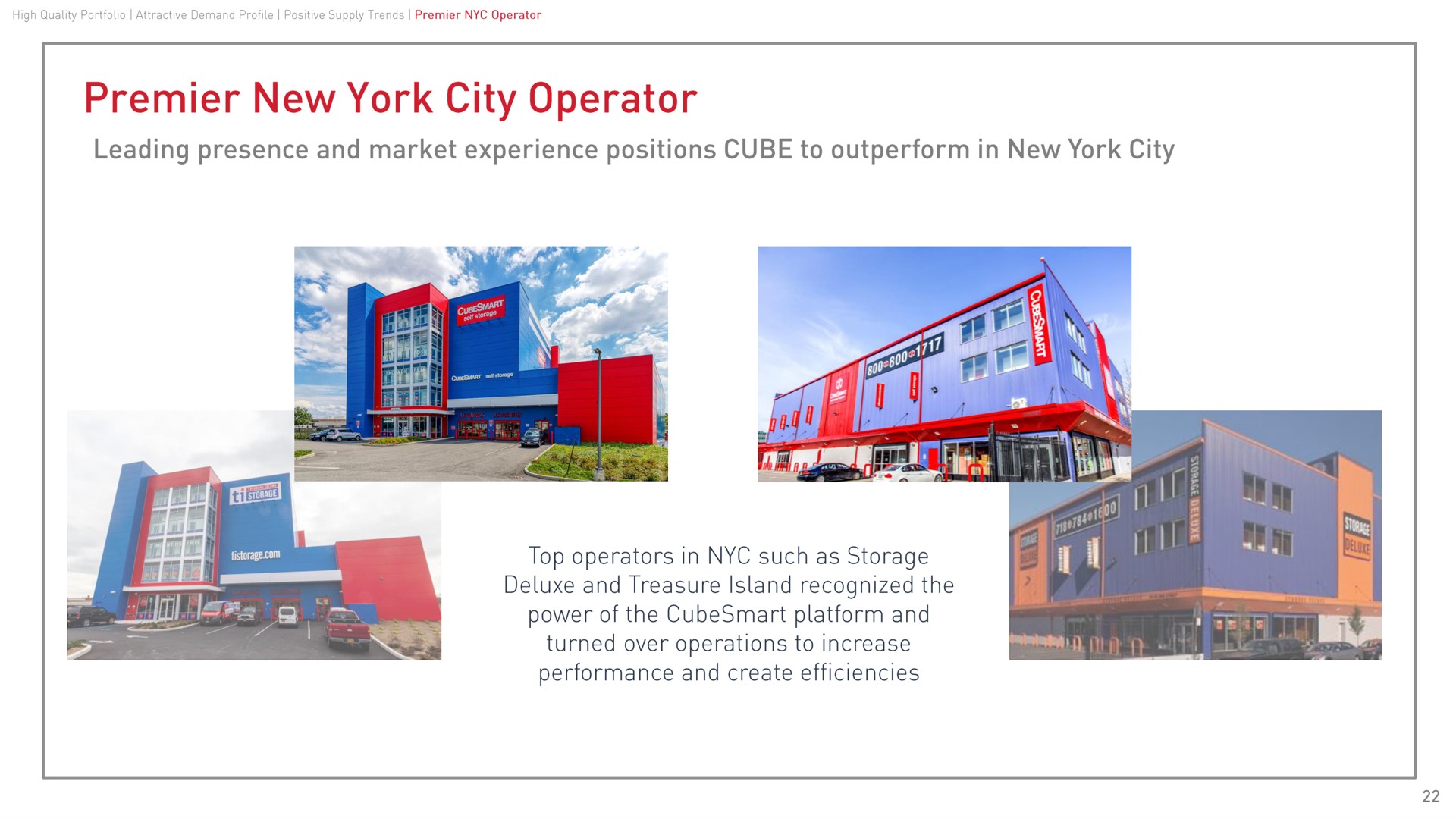 premier new york city operator leading presence and market experience positions cube to outperform in new york city performance and create efficiencies top operators in such as storage deluxe and treasure island recognized the power of the platform and turned over operations to increase | CubeSmart
