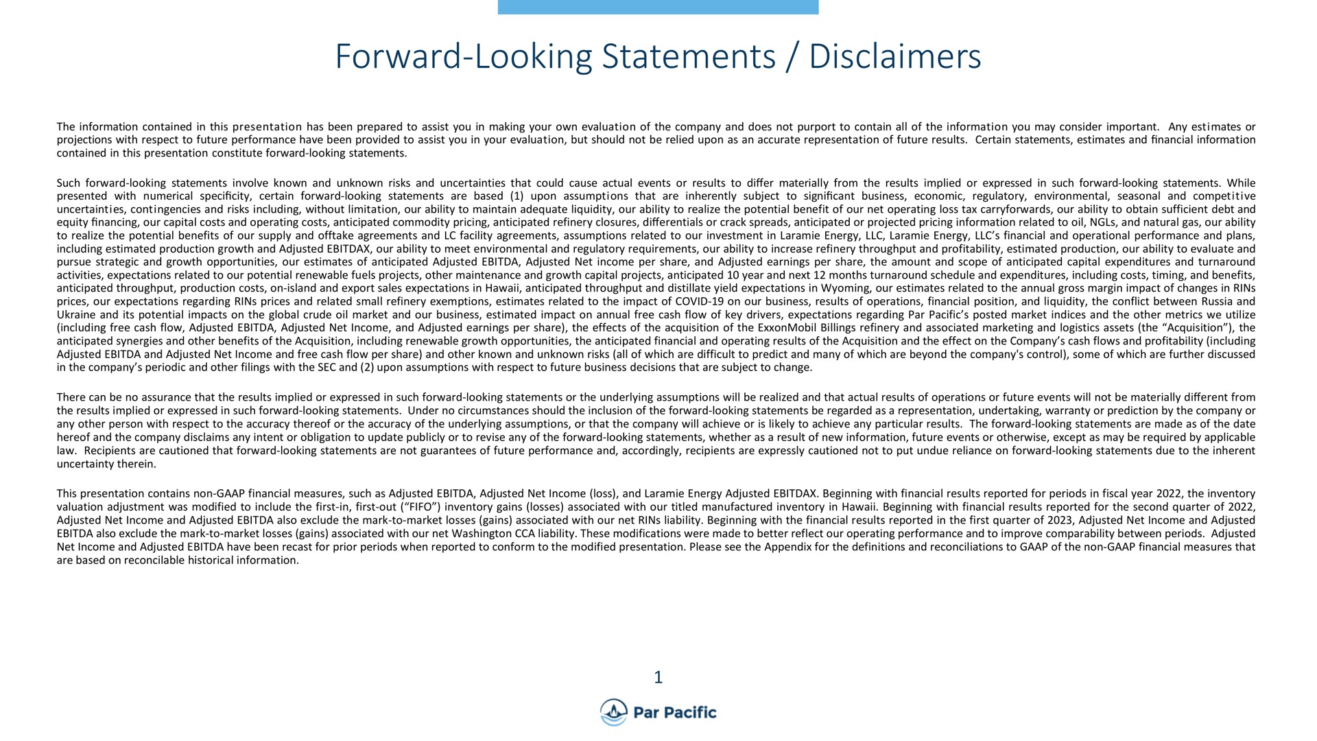 forward looking statements disclaimers | Par Pacific