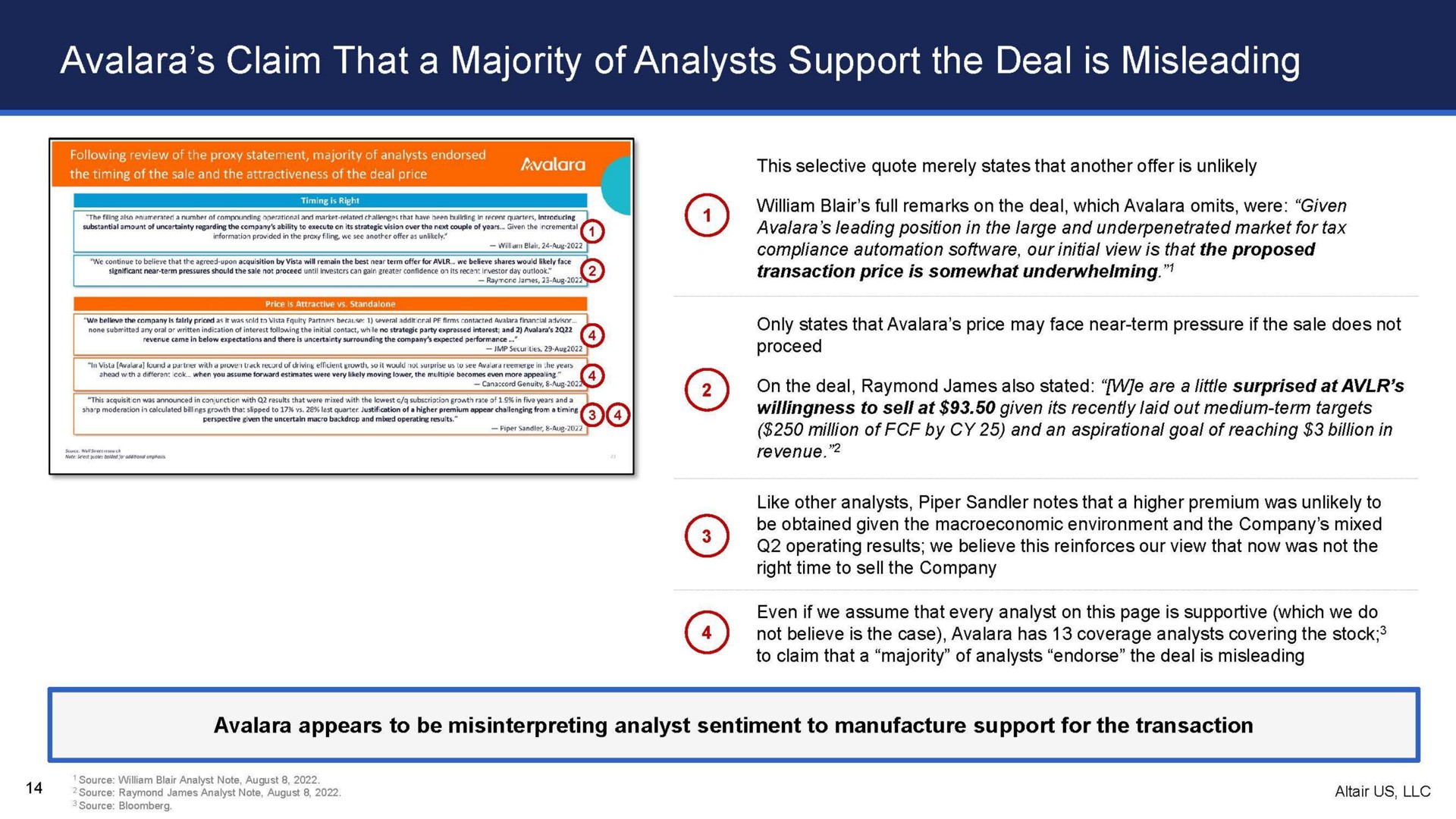 claim that a majority of analysts support the deal is misleading | Altair US LLC