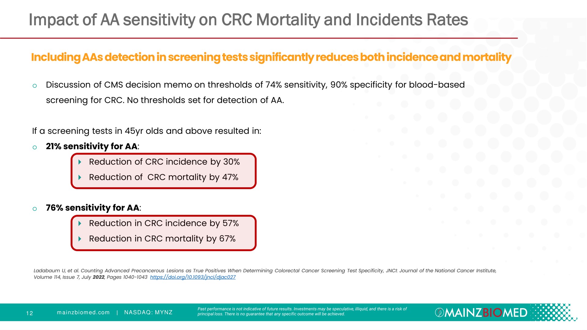 impact of sensitivity on mortality and incidents rates including aas detection in screening tests significantly reduces both incidence | Mainz Biomed NV