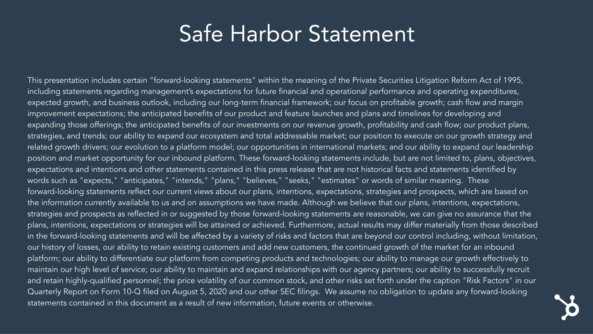 safe harbor statement | Hubspot