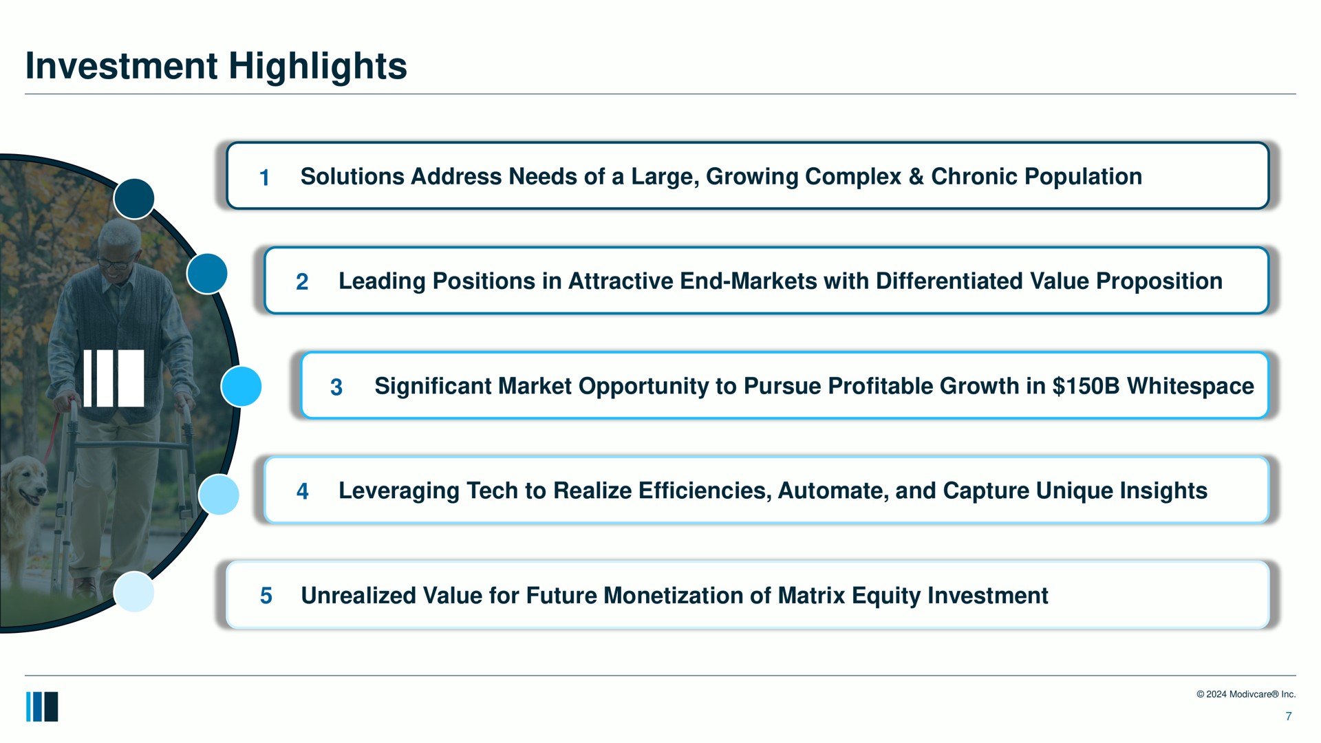 investment highlights solutions address needs of a large growing complex chronic population leading positions in attractive end markets with differentiated value proposition significant market opportunity to pursue profitable growth in leveraging tech to realize efficiencies and capture unique insights unrealized value for future monetization of matrix equity | ModivCare