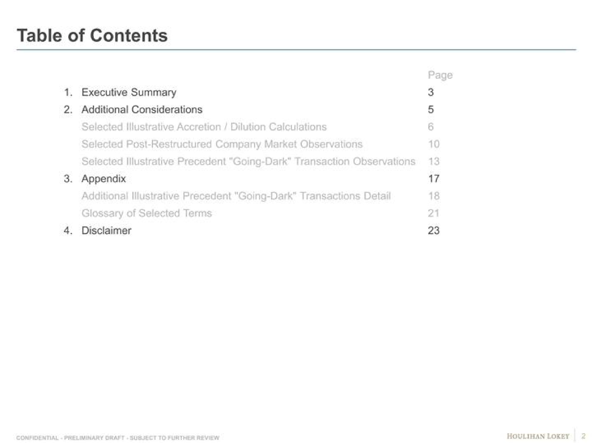 table of contents executive summary appendix disclaimer | Houlihan Lokey