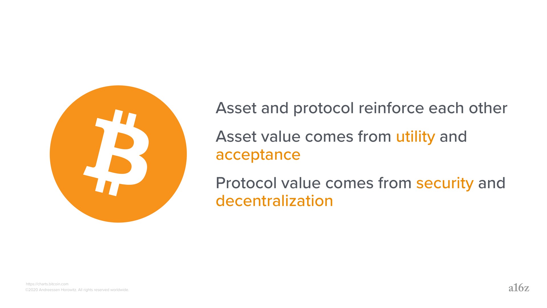 asset and protocol reinforce each other asset value comes from utility and acceptance protocol value comes from security and decentralization | a16z
