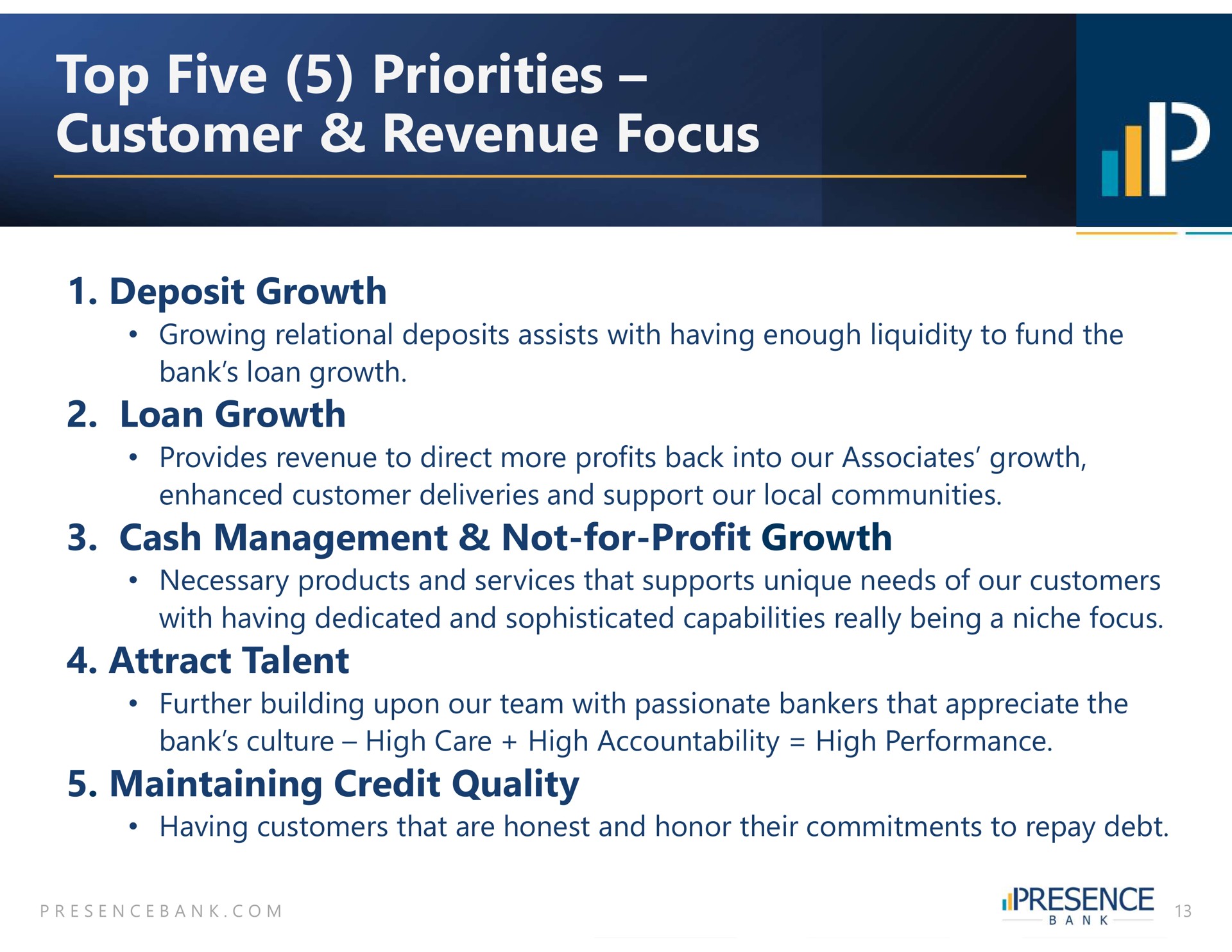 top five priorities customer revenue focus | PB Bankshares