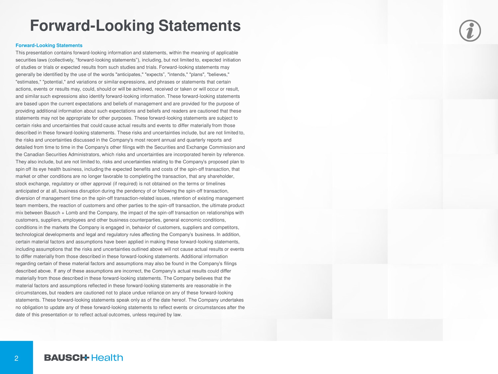 forward looking statements | Bausch Health Companies