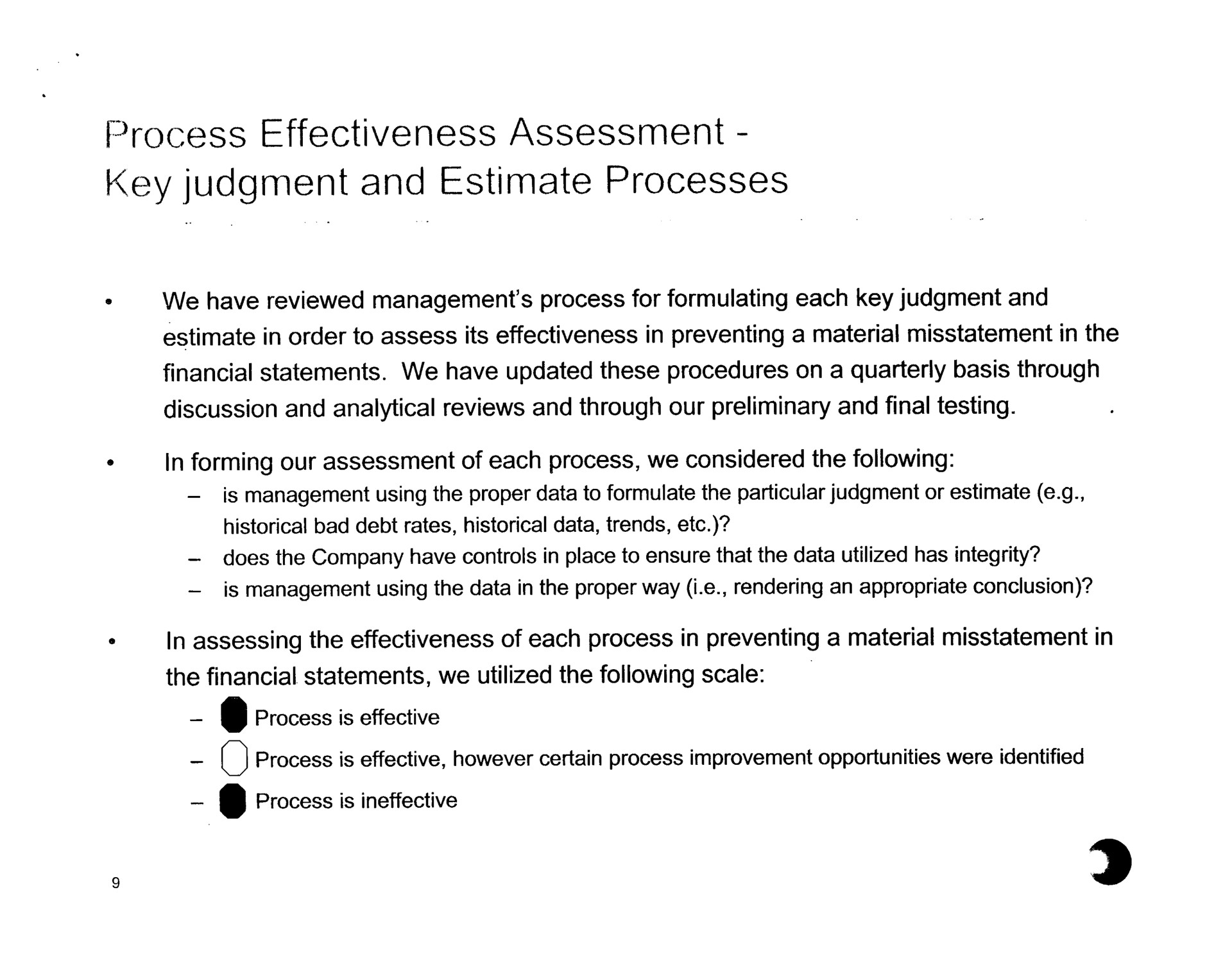 process effectiveness assessment key judgment and estimate processes | Arthur Andersen