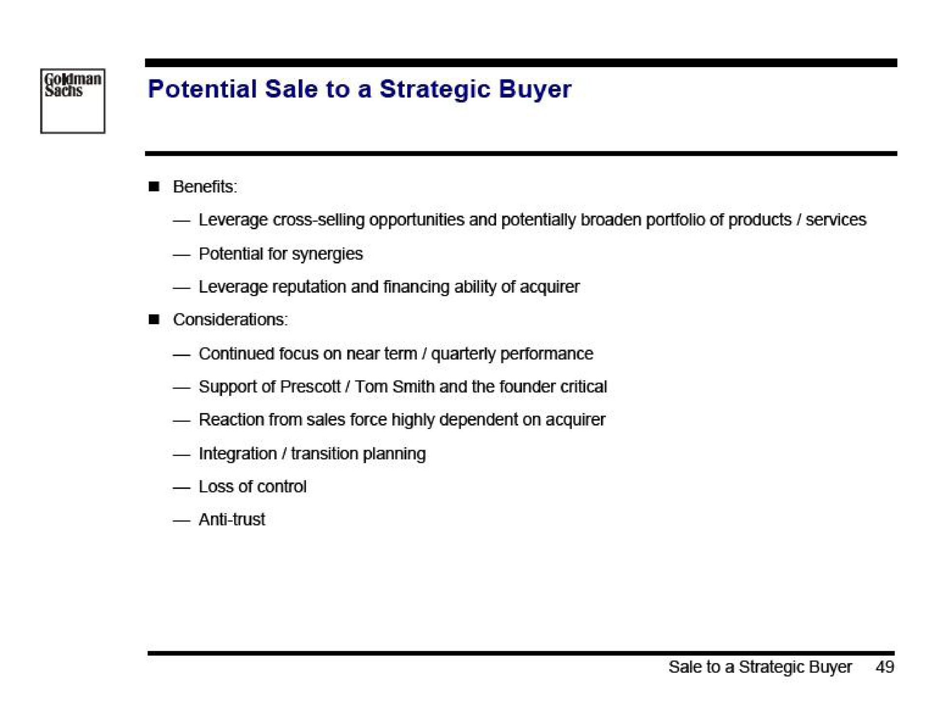 potential sale to a strategic buyer | Goldman Sachs