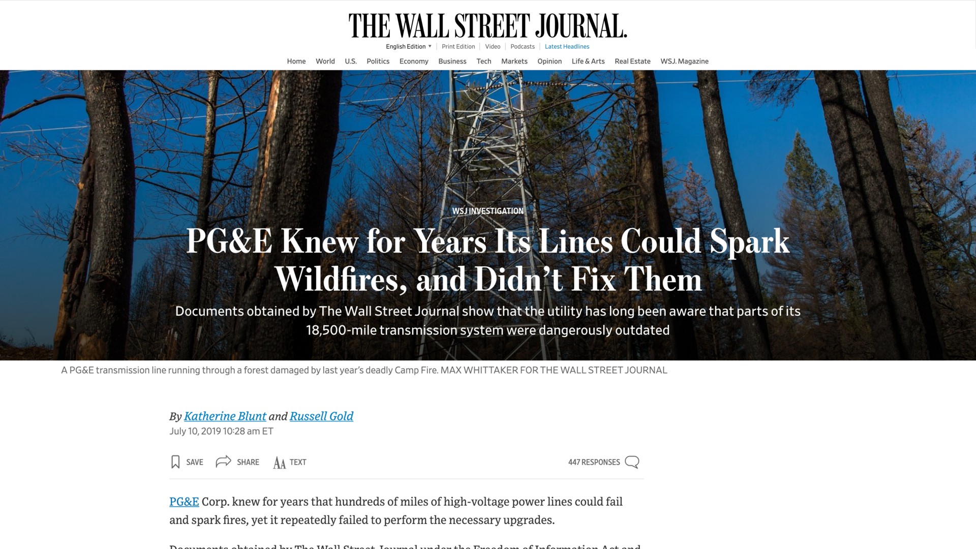 the wall street journal knew for years its lines could spark wildfires and fix them | Dow Jones