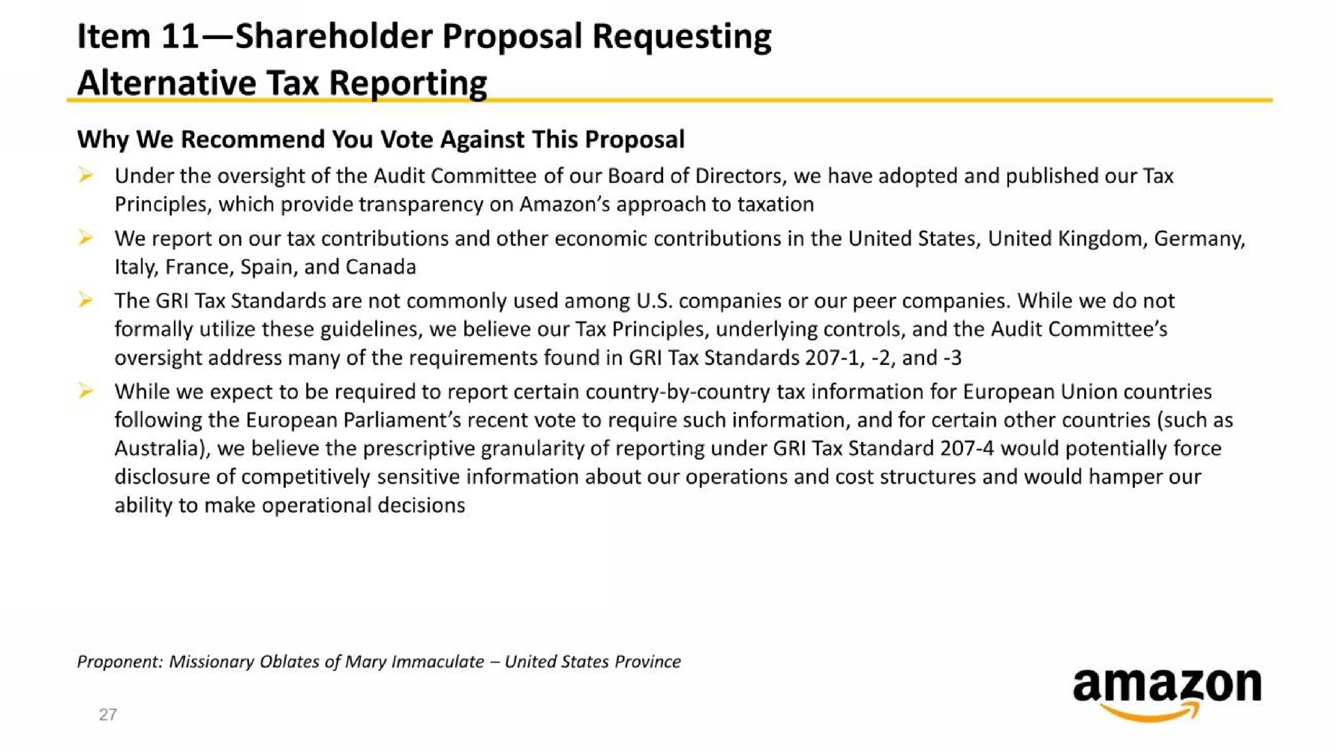 item shareholder proposal requesting alternative tax reporting | Amazon