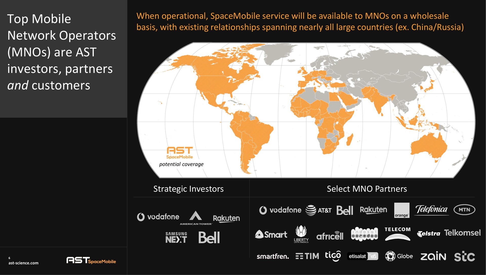 when operational service will be available to on a wholesale basis with existing relationships spanning nearly all large countries china russia strategic investors select partners top mobile network operators are ast investors partners and customers smart nee | AST SpaceMobile