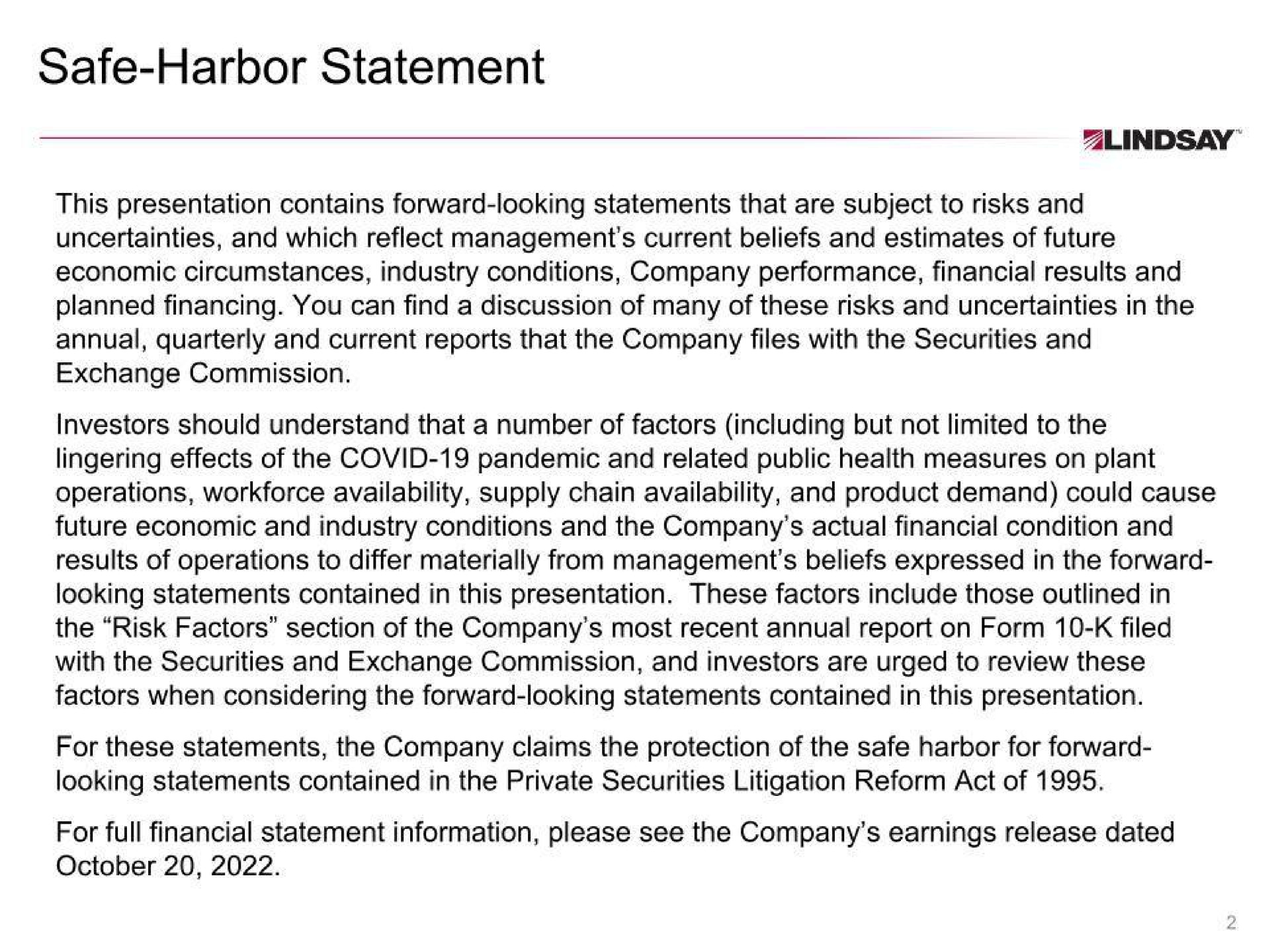 safe harbor statement | Lindsay Corporation
