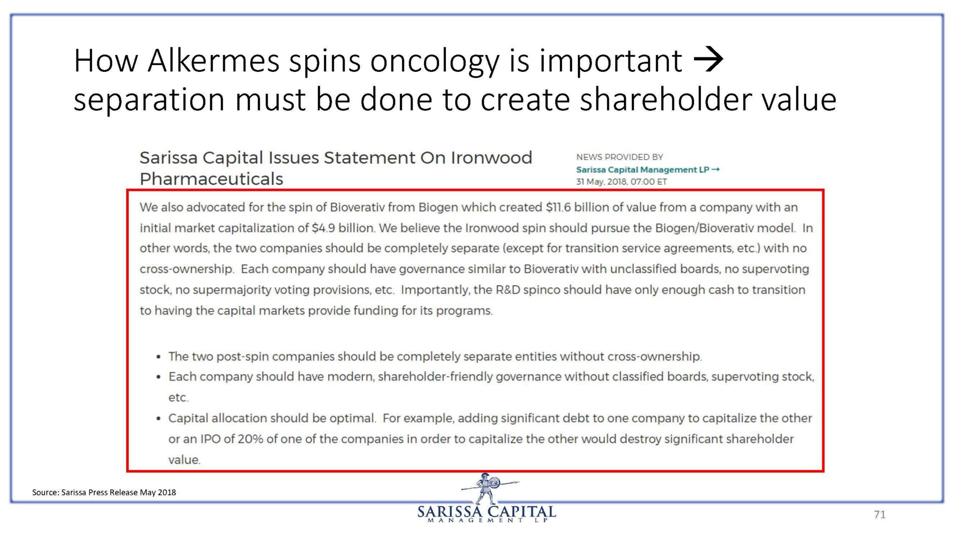 how alkermes spins oncology is important separation must be done to create shareholder value | Sarissa Capital