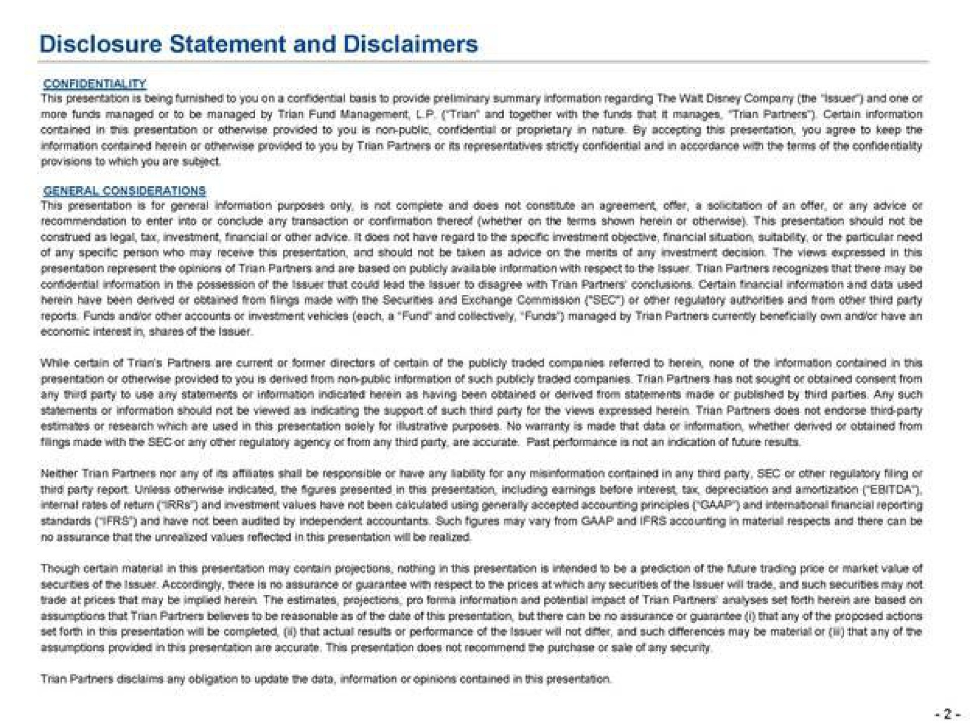 disclosure statement and disclaimers confidentiality | Trian Partners