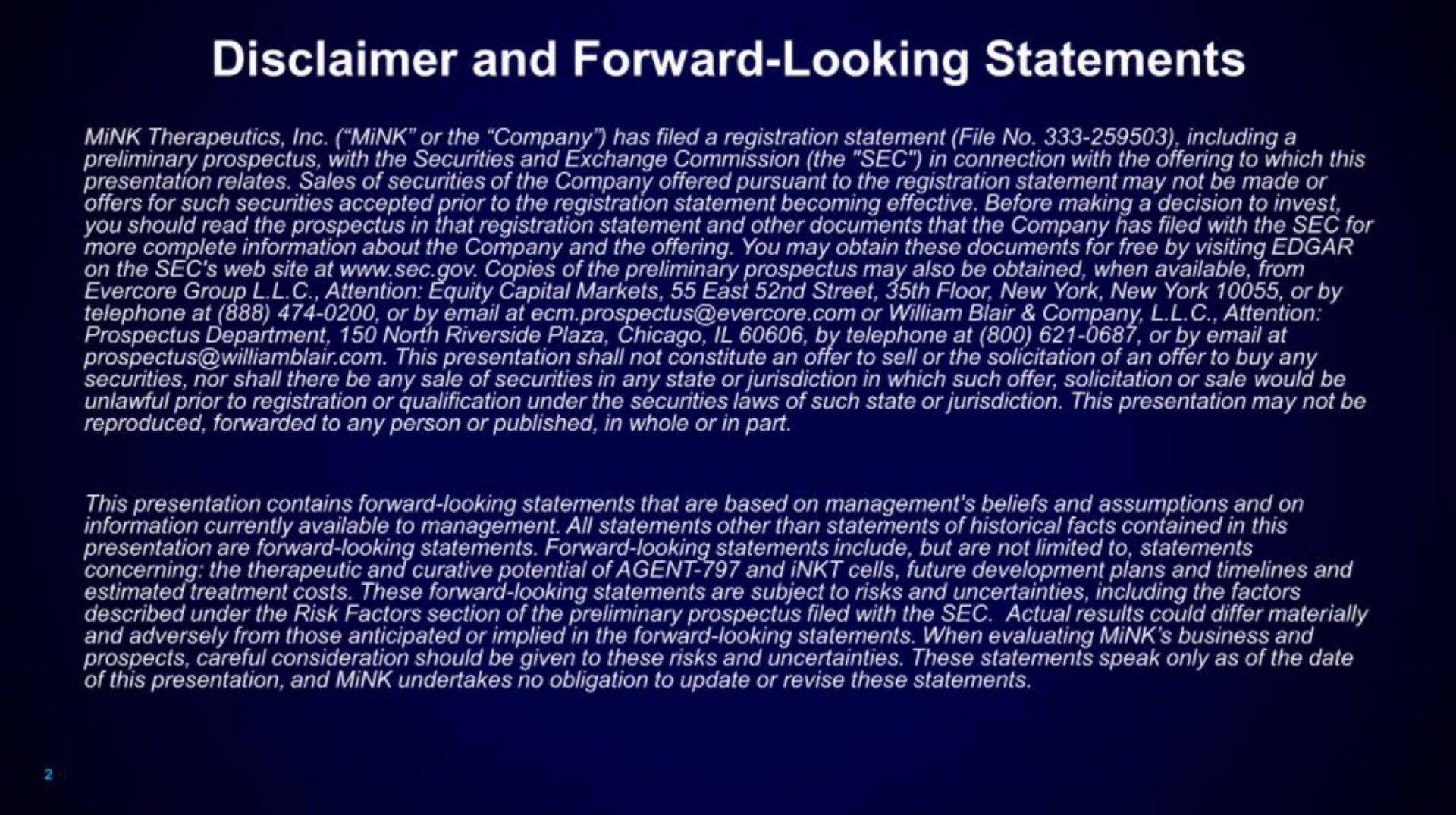 disclaimer and forward looking statements | Mink Therapeutics