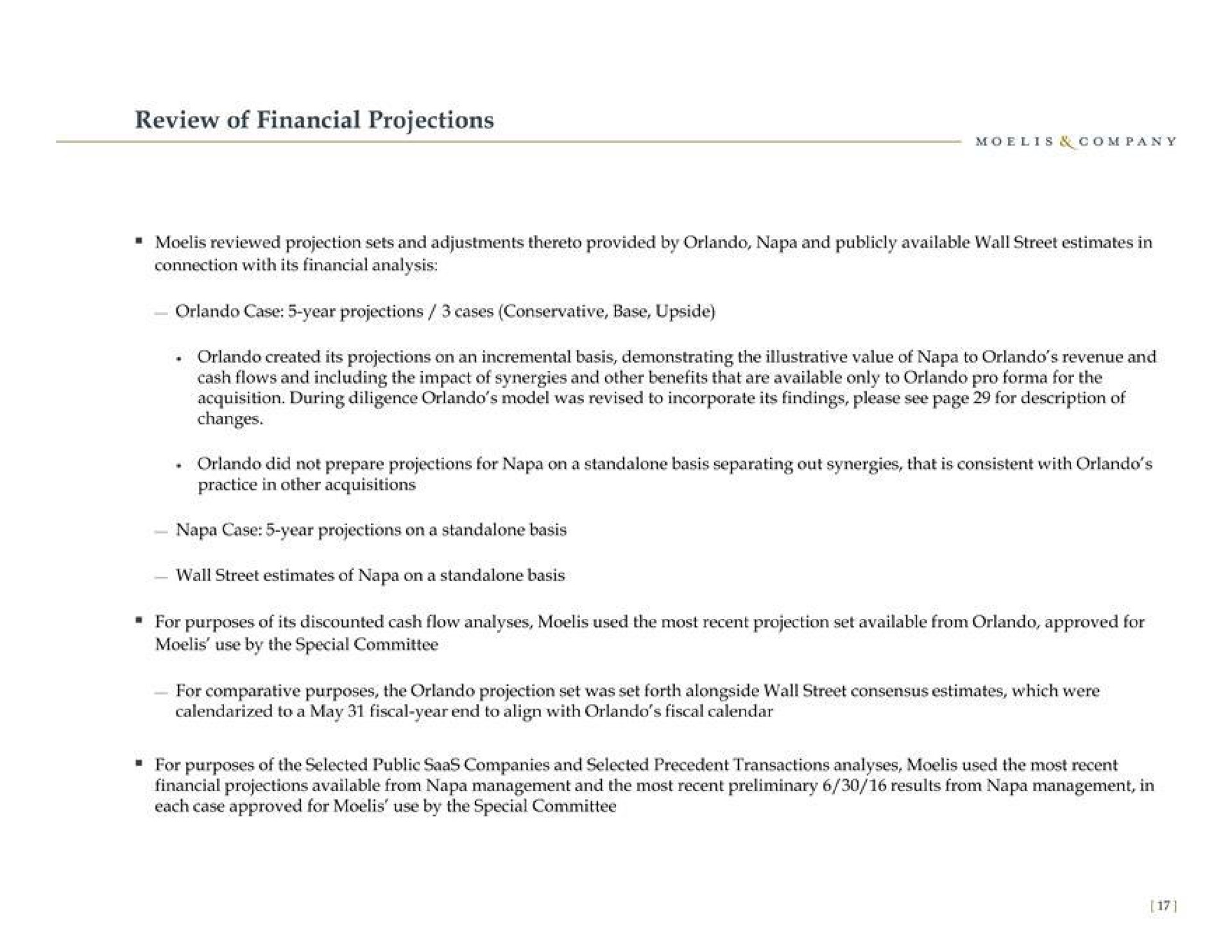 review of financial projections | Moelis & Company