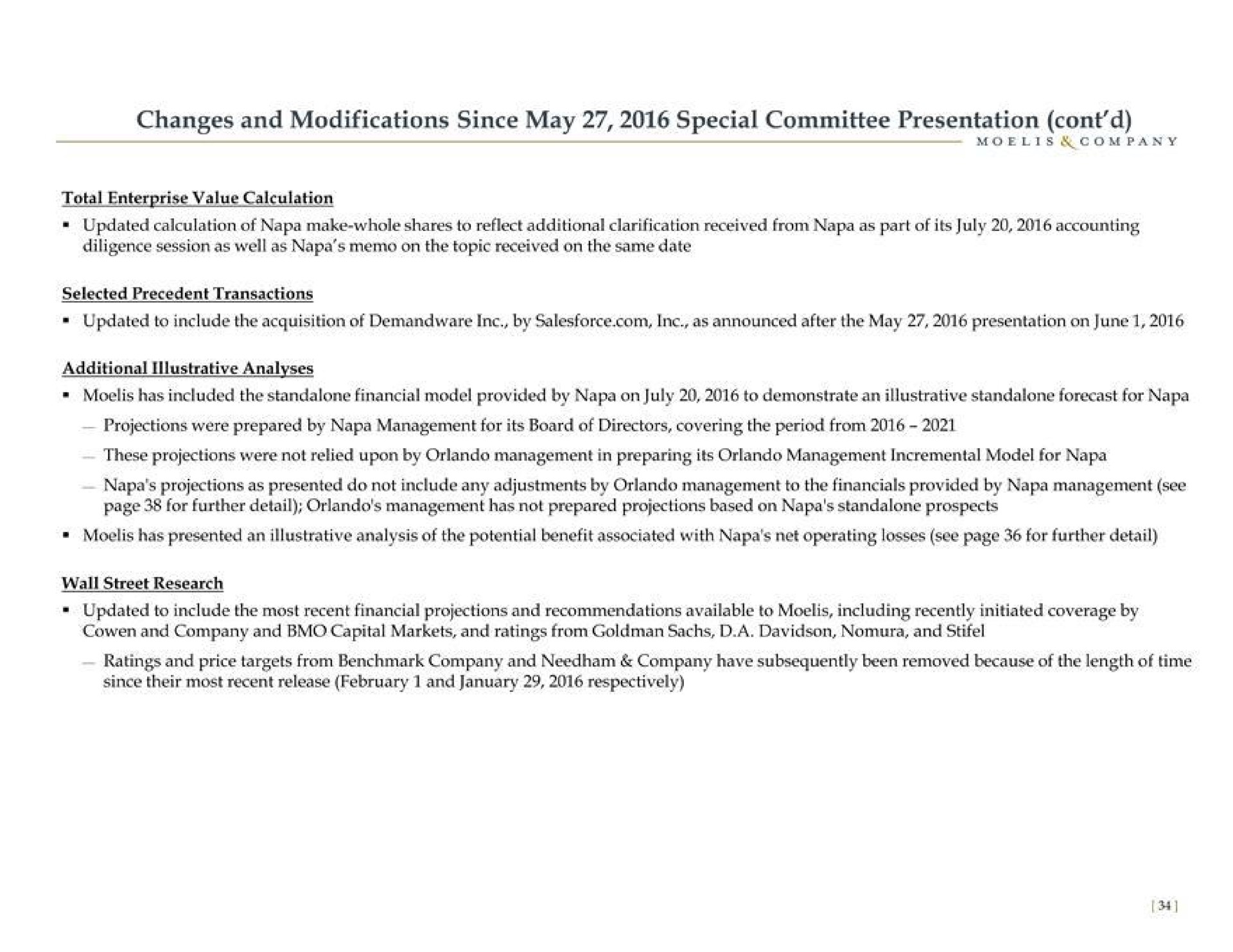 changes and modifications since may special committee presentation | Moelis & Company