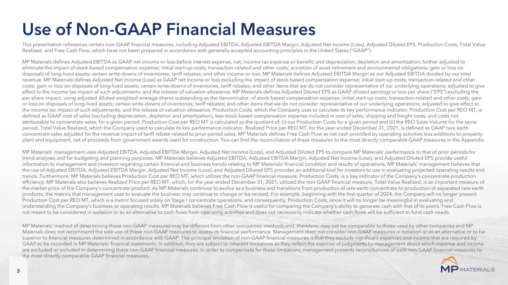 use of non financial measures | MP Materials