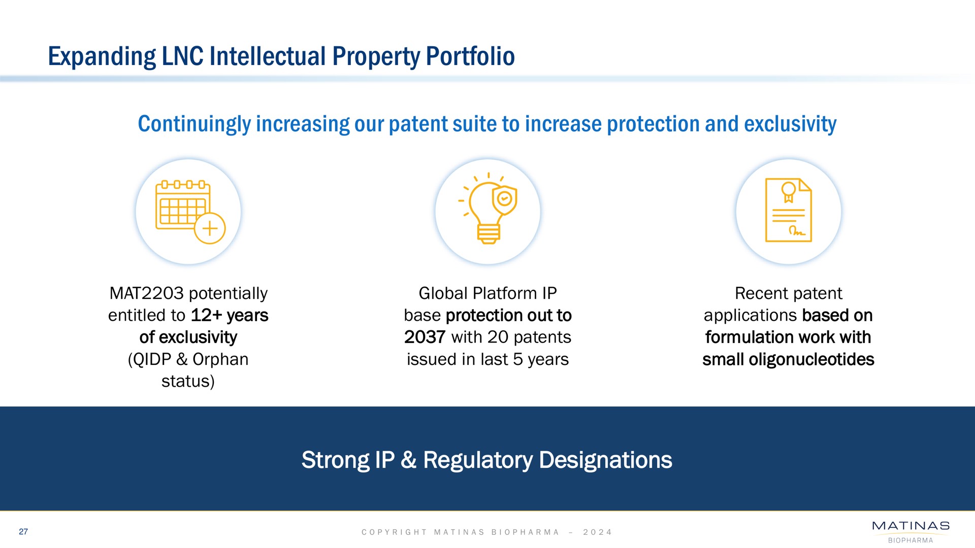 expanding intellectual property portfolio continuingly increasing our patent suite to increase protection and exclusivity strong regulatory designations | Matinas BioPharma