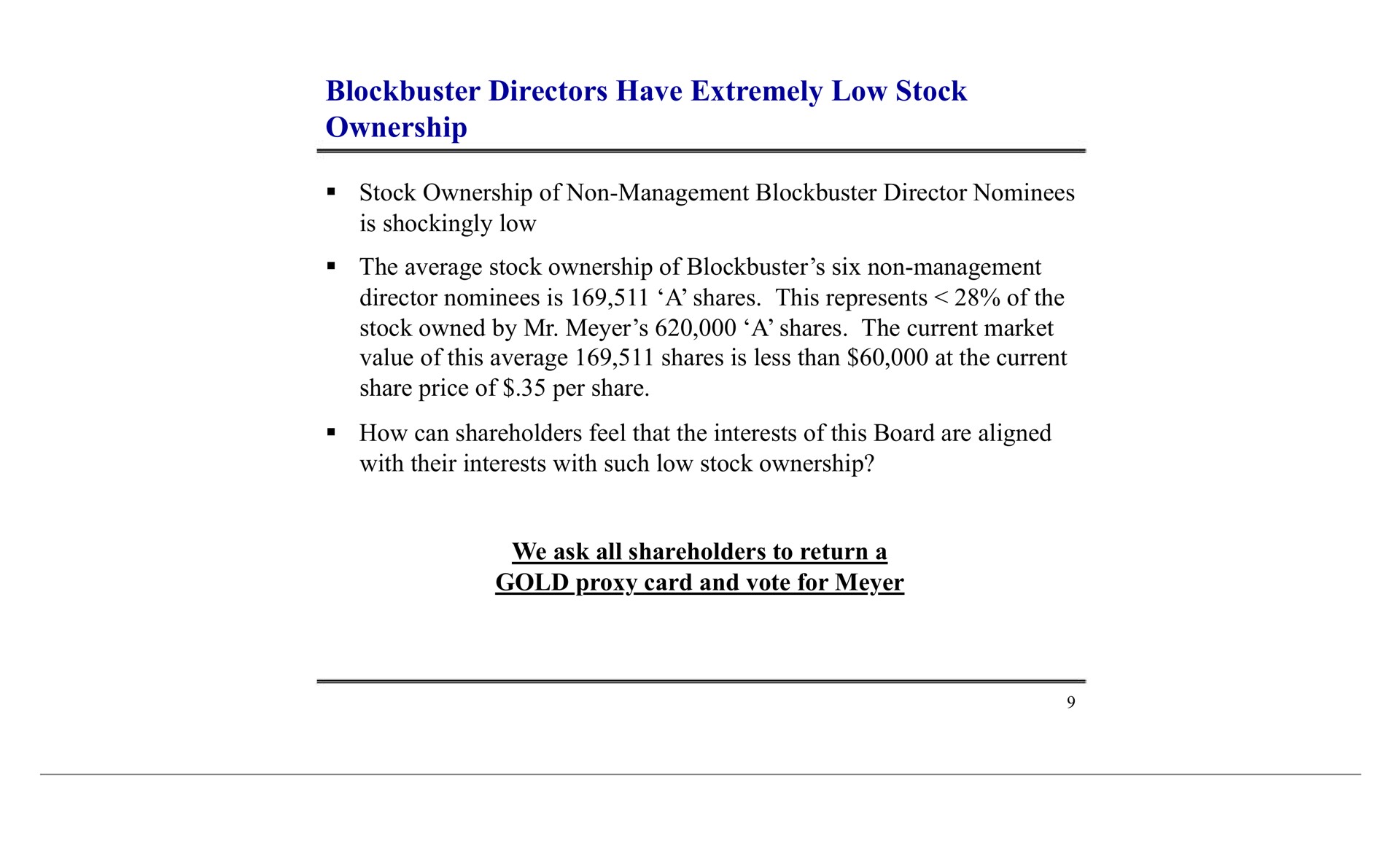 blockbuster directors have extremely low stock ownership share price of per share how can shareholders feel that the interests of this board are aligned | Blockbuster Video