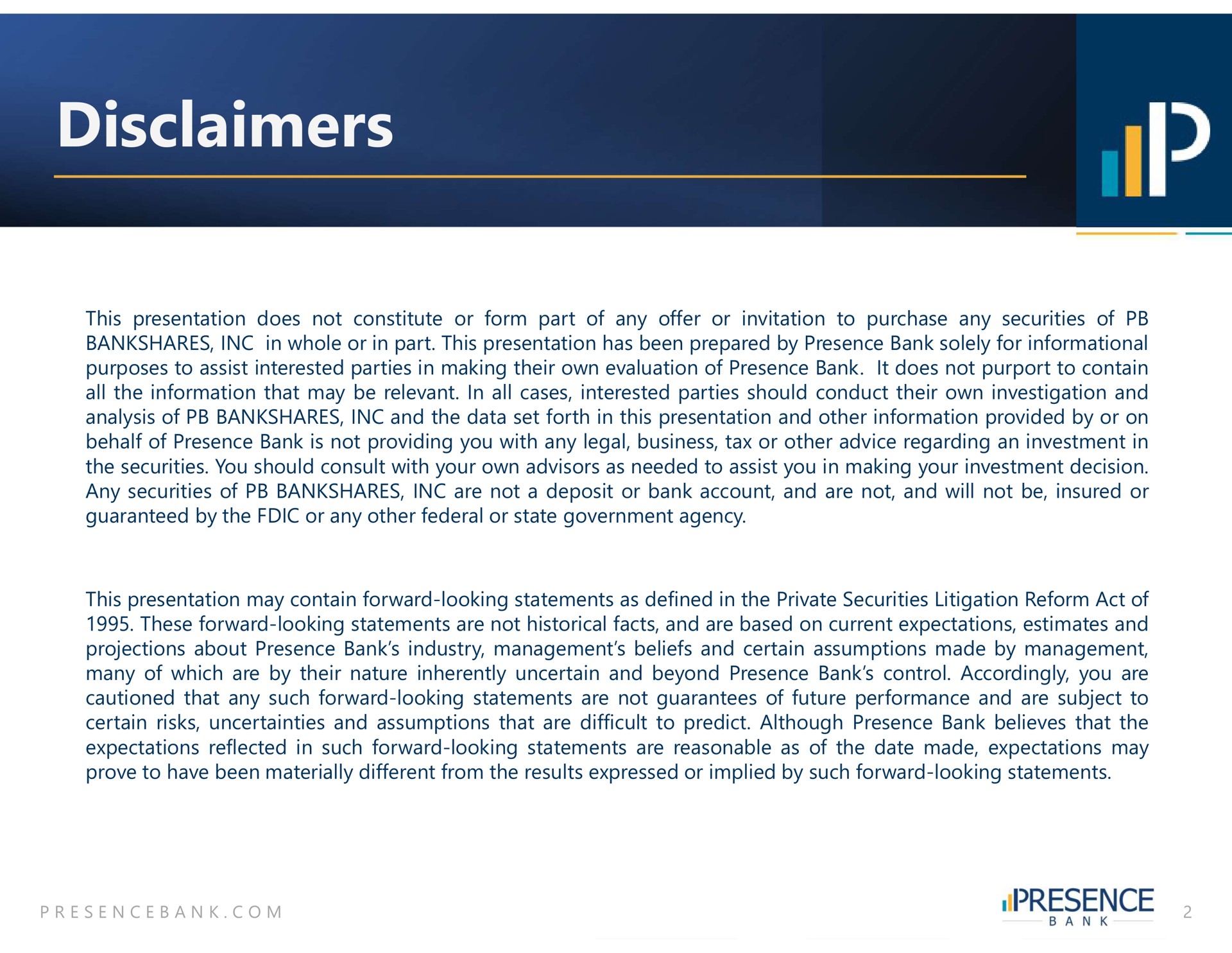 disclaimers | PB Bankshares