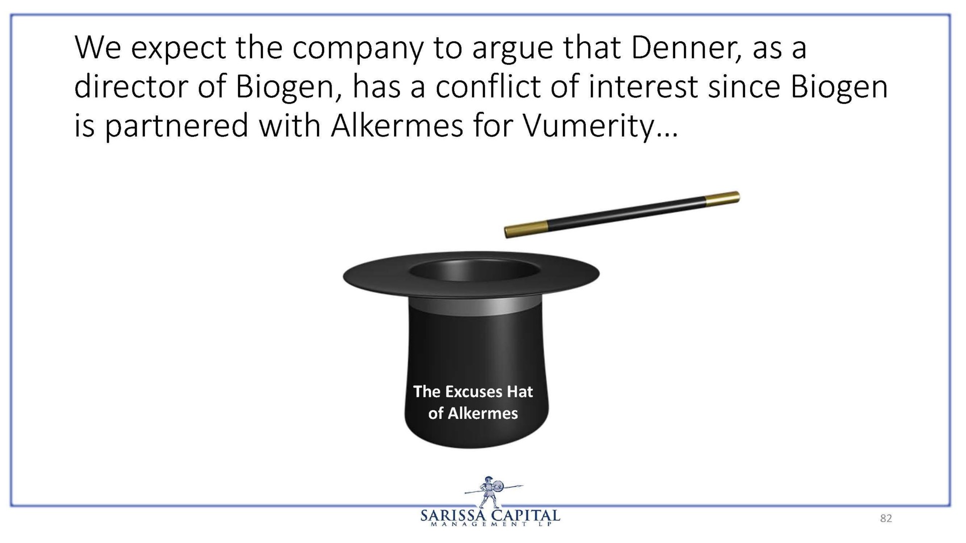 we expect the company to argue that as a director of biogen has a conflict of interest since biogen is partnered with alkermes for | Sarissa Capital