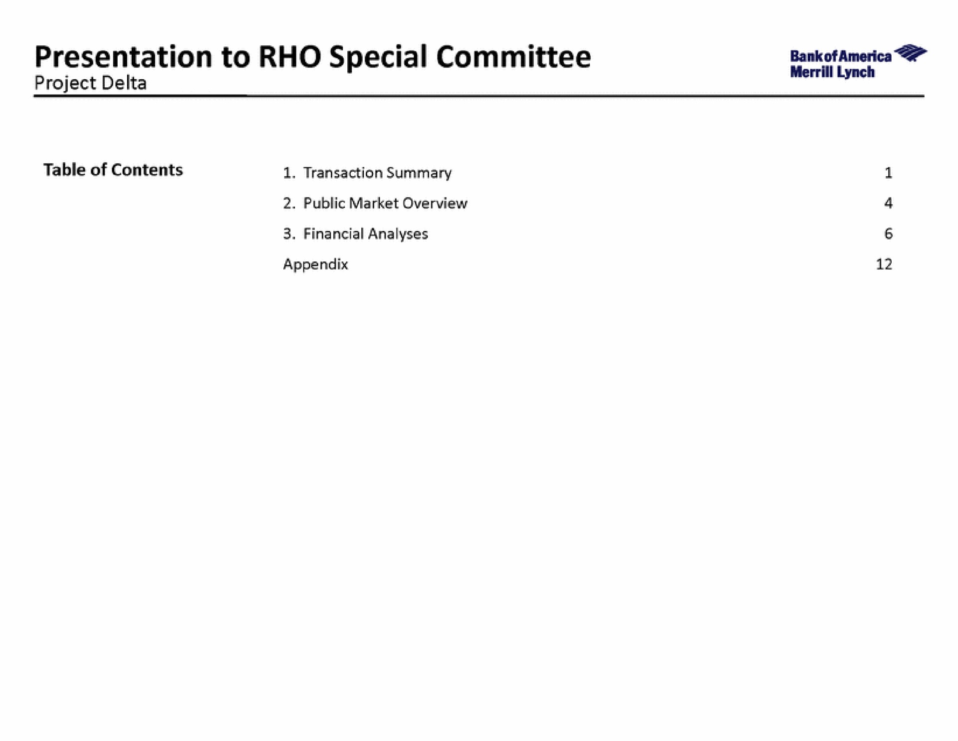 presentation to rho special committee project delta lynch | Bank of America