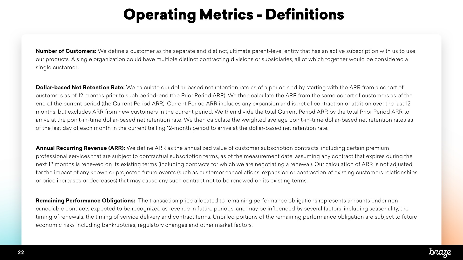 operating metrics definitions | Braze