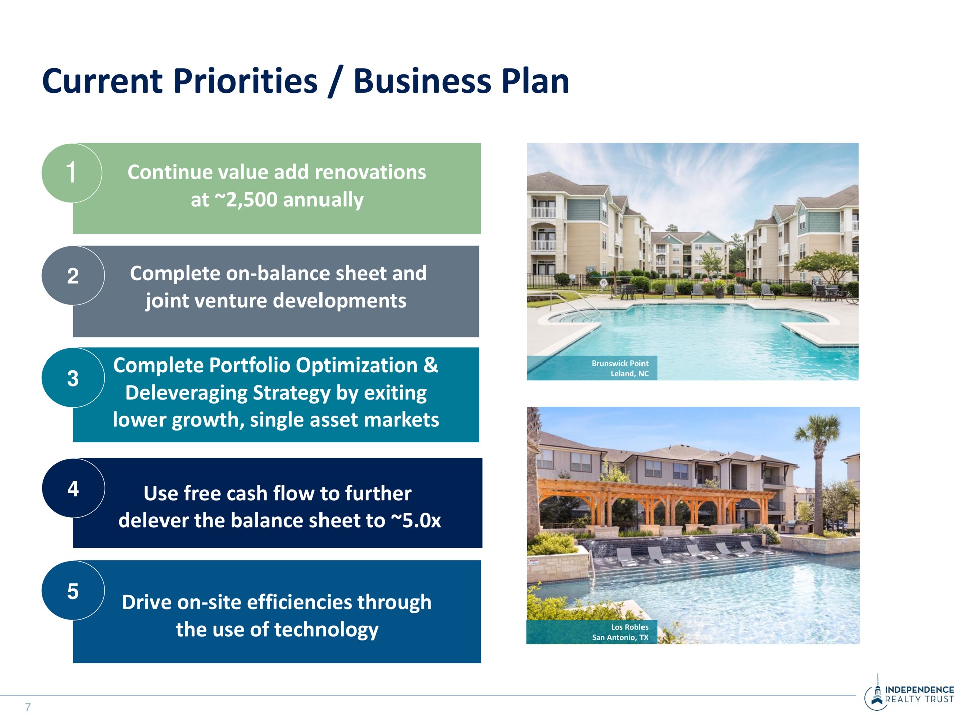 current priorities business plan continue value add renovations at annually complete on balance sheet and joint venture developments complete portfolio optimization strategy by exiting lower growth single asset markets use free cash flow to further the balance sheet to drive on site efficiencies through the use of technology pial a ore | Independence Realty Trust