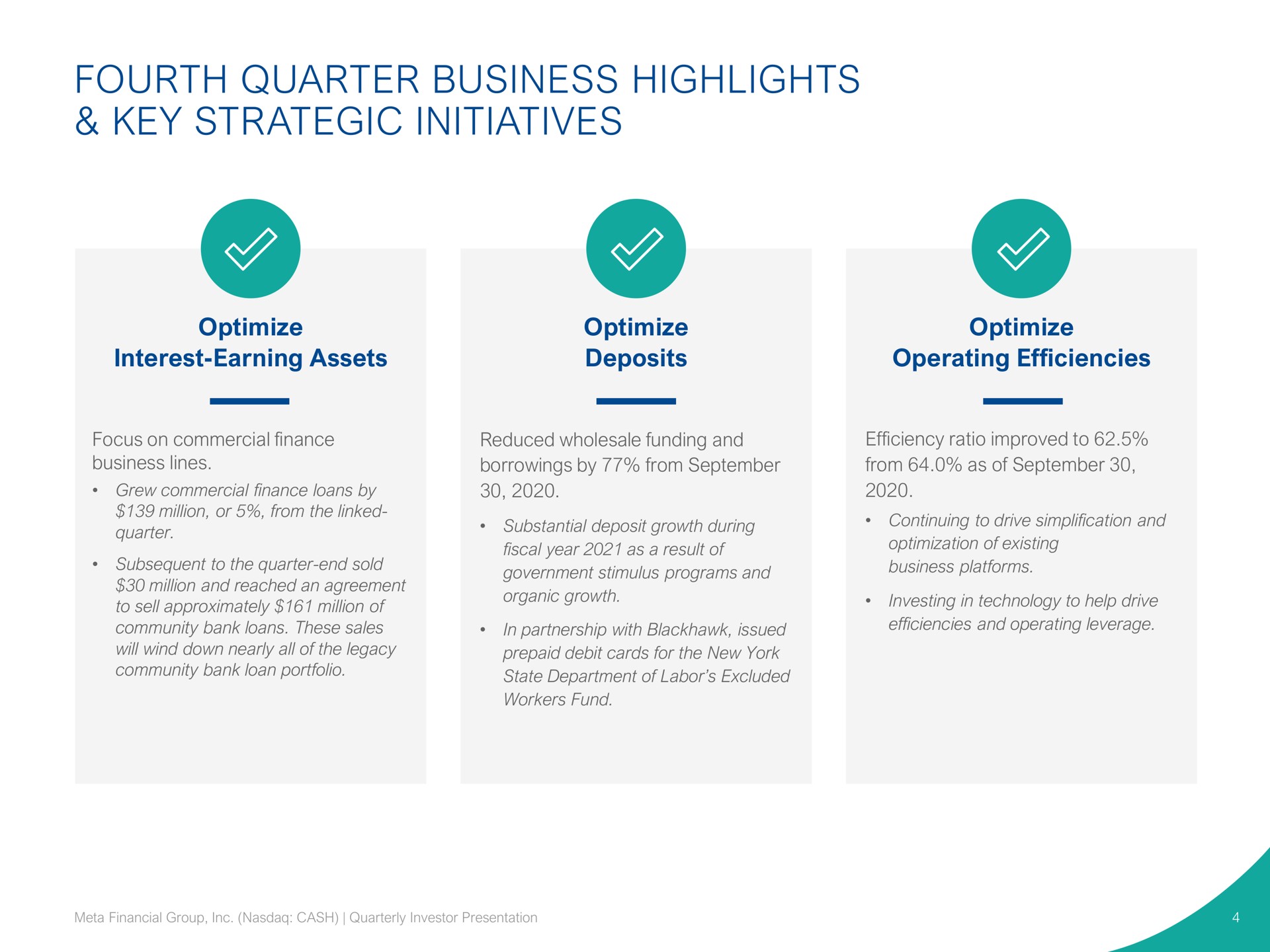 fourth quarter business highlights key strategic initiatives optimize interest earning assets optimize deposits optimize operating efficiencies | Pathward Financial