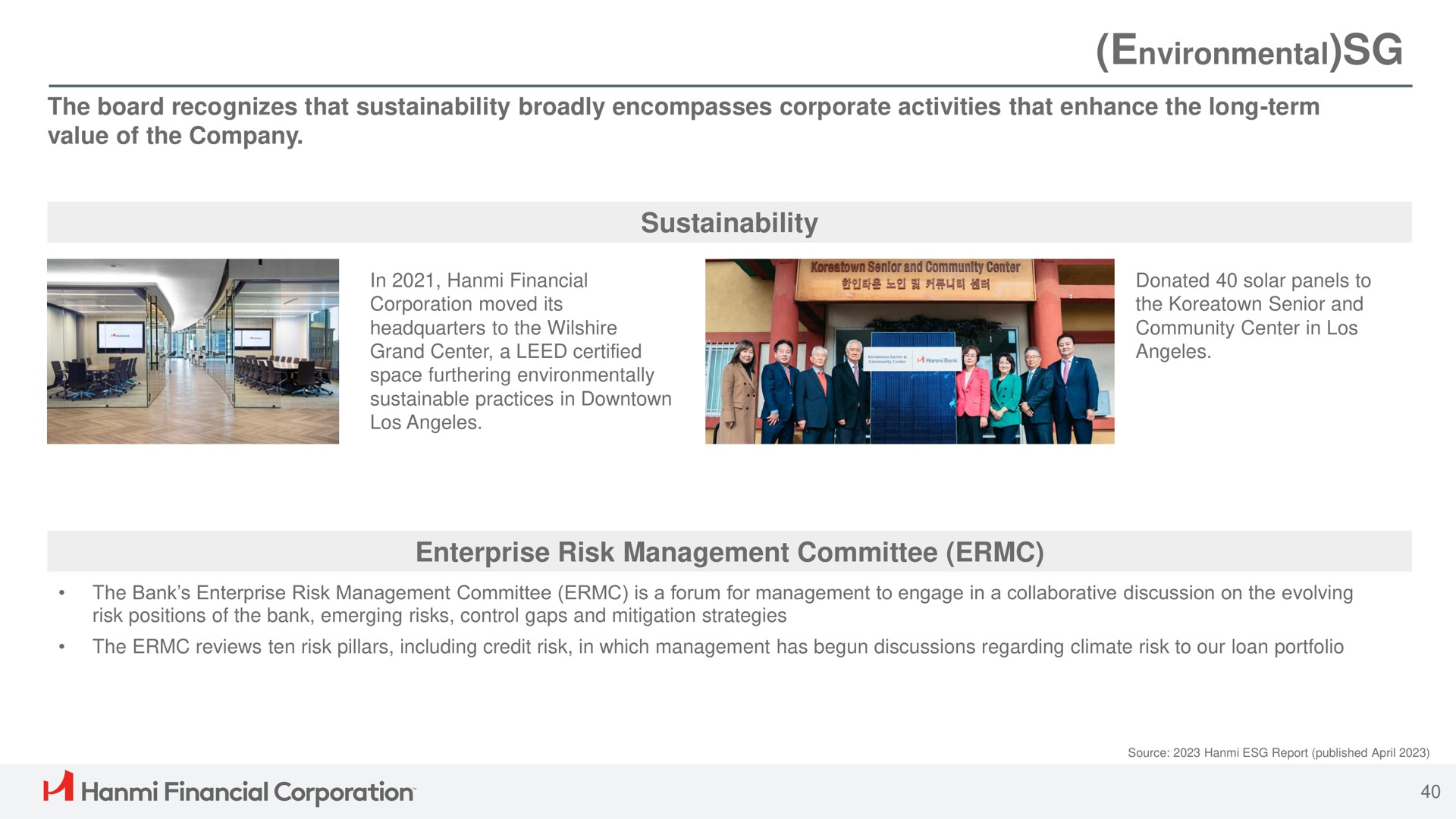 environmental enterprise risk management committee financial corporation | Hanmi Financial