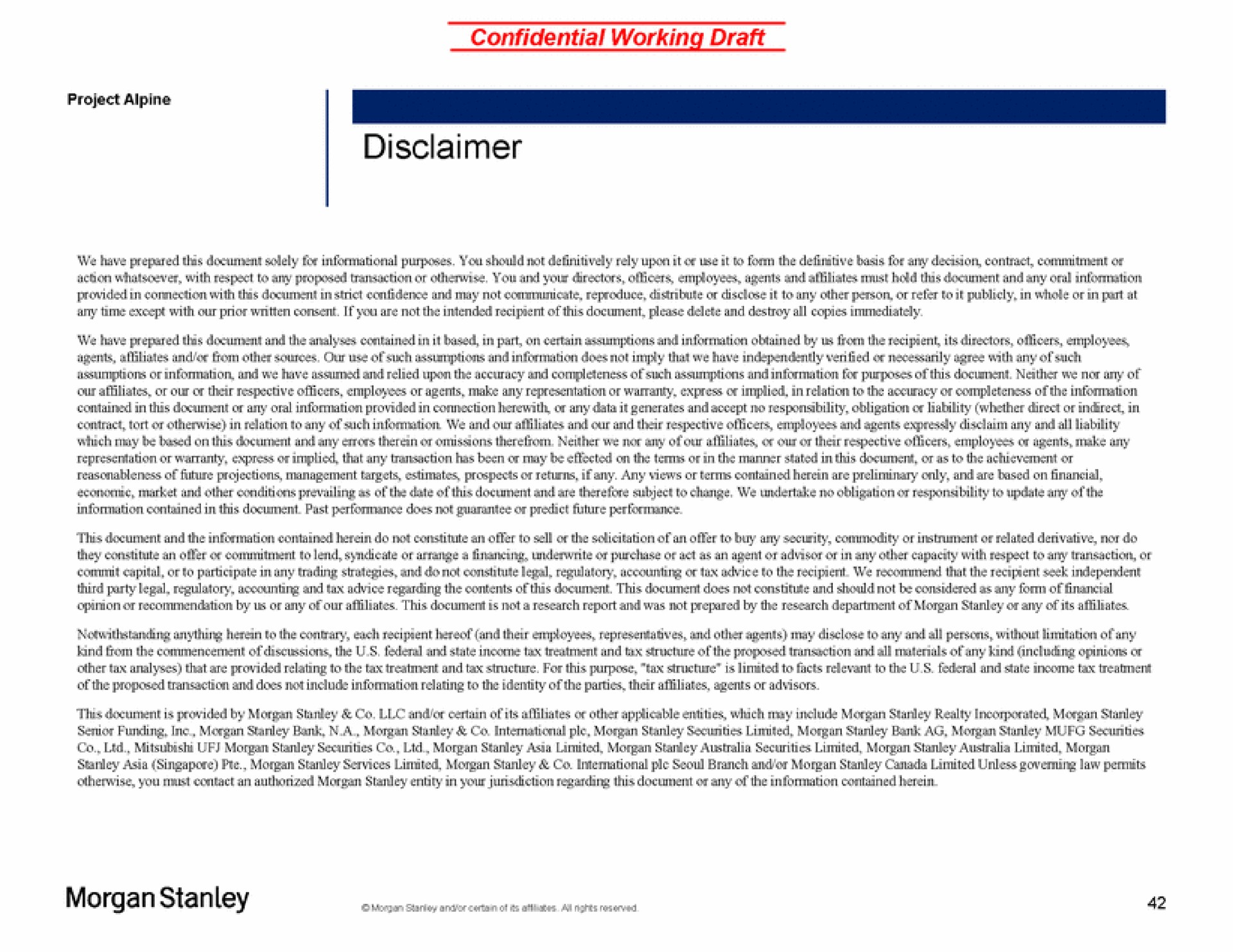 confidential working draft disclaimer | Morgan Stanley