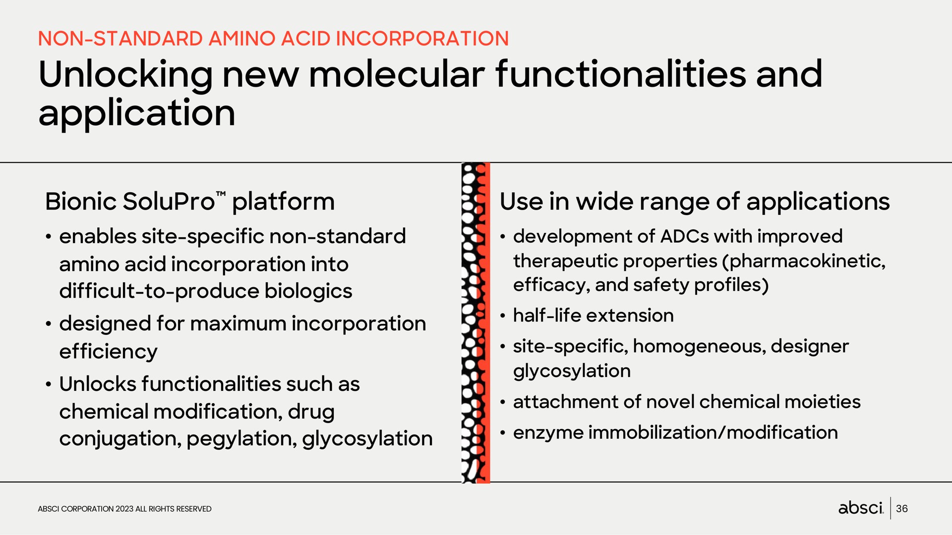 unlocking new molecular functionalities and application platform use in wide range of applications difficult to produce designed for maximum incorporation chemical modification drug | Absci