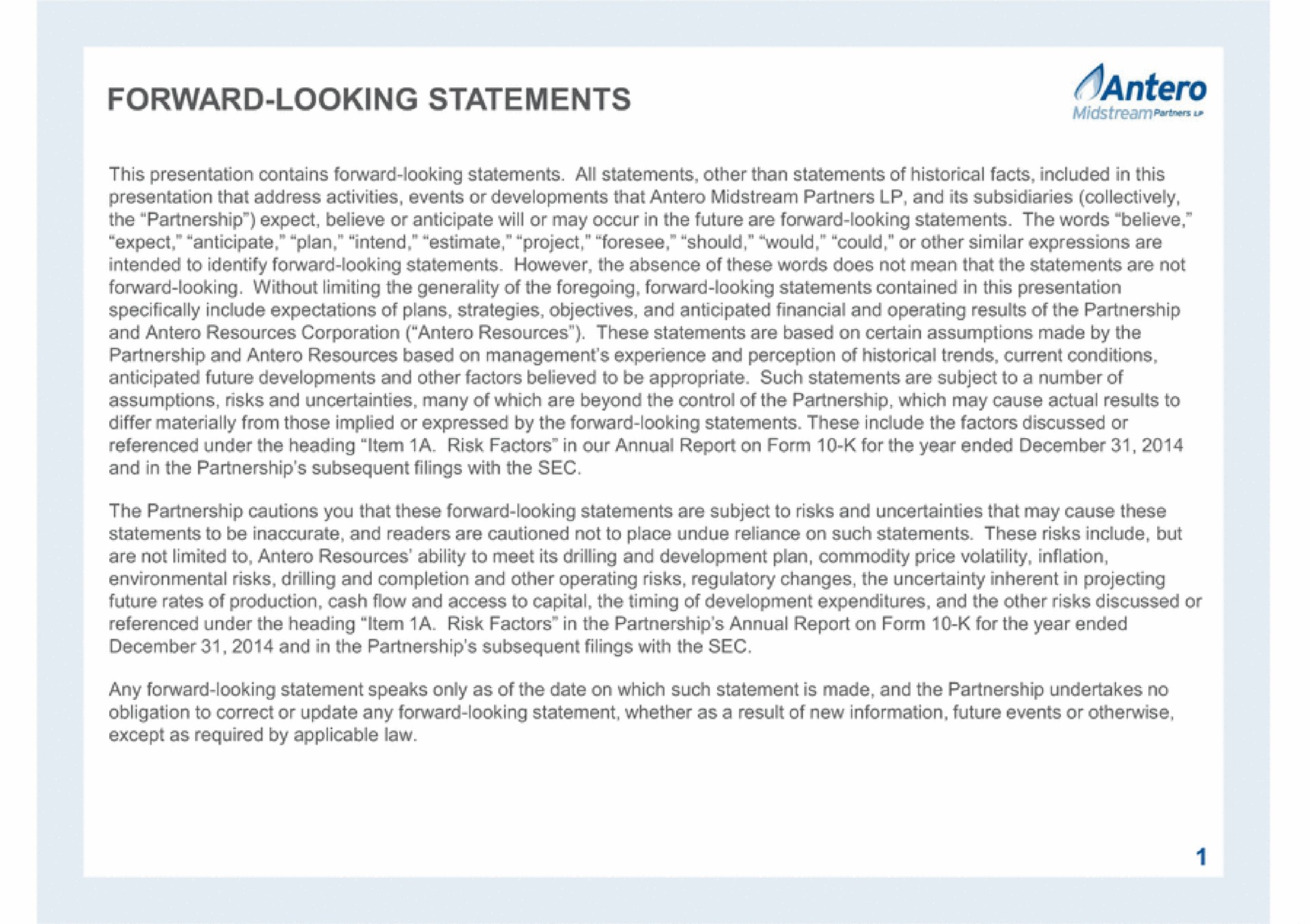 forward looking statements | Antero Midstream Partners